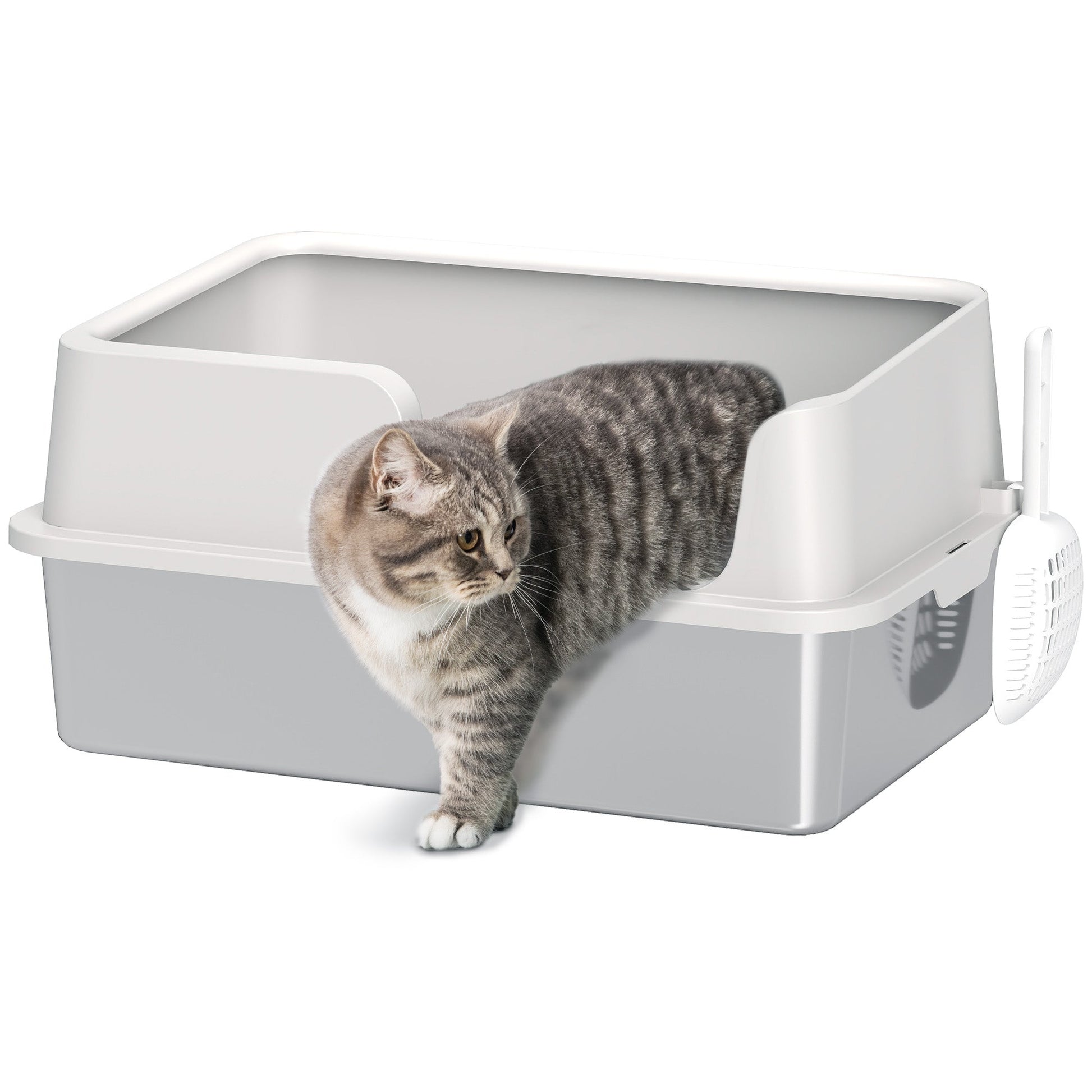 Stainless Steel Litter Box, High Sided Metal Cat Litter Tray with Detachable Rim, Scoop, Easy Cleaning, Odour-Resistant, 60 x 40 x 28 cm