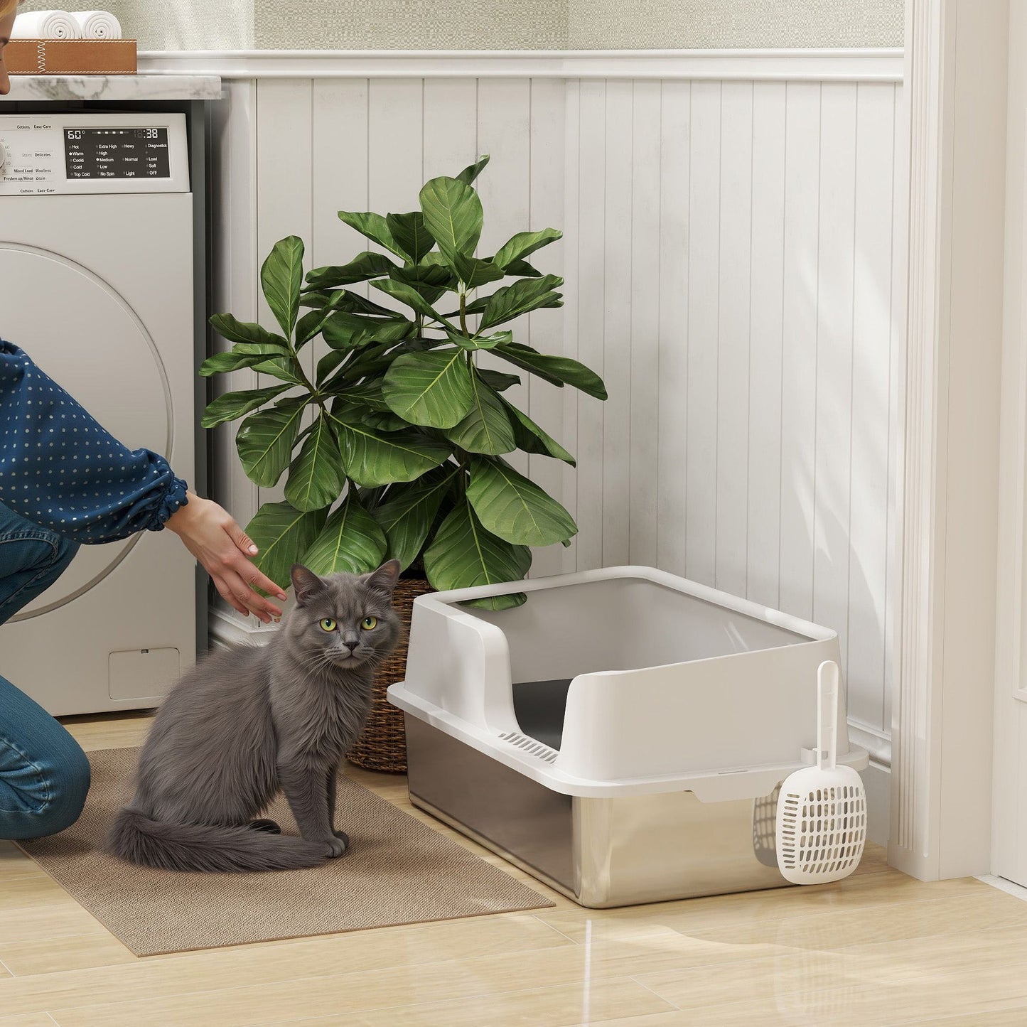Stainless Steel Litter Box, High Sided Metal Cat Litter Tray with Detachable Rim, Scoop, Easy Cleaning, Odour-Resistant, 60 x 40 x 28 cm