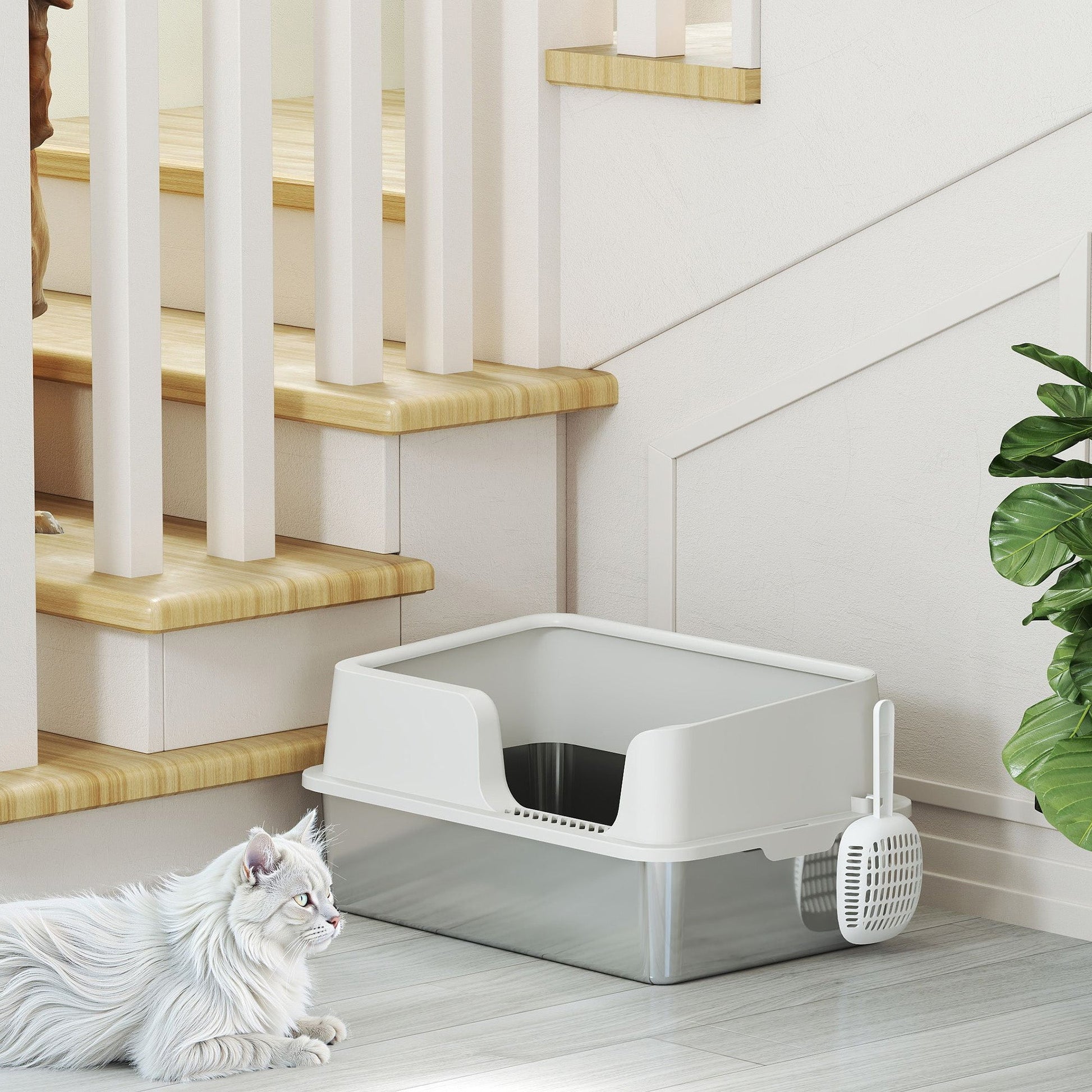 Stainless Steel Litter Box, High Sided Metal Cat Litter Tray with Detachable Rim, Scoop, Easy Cleaning, Odour-Resistant, 60 x 40 x 28 cm