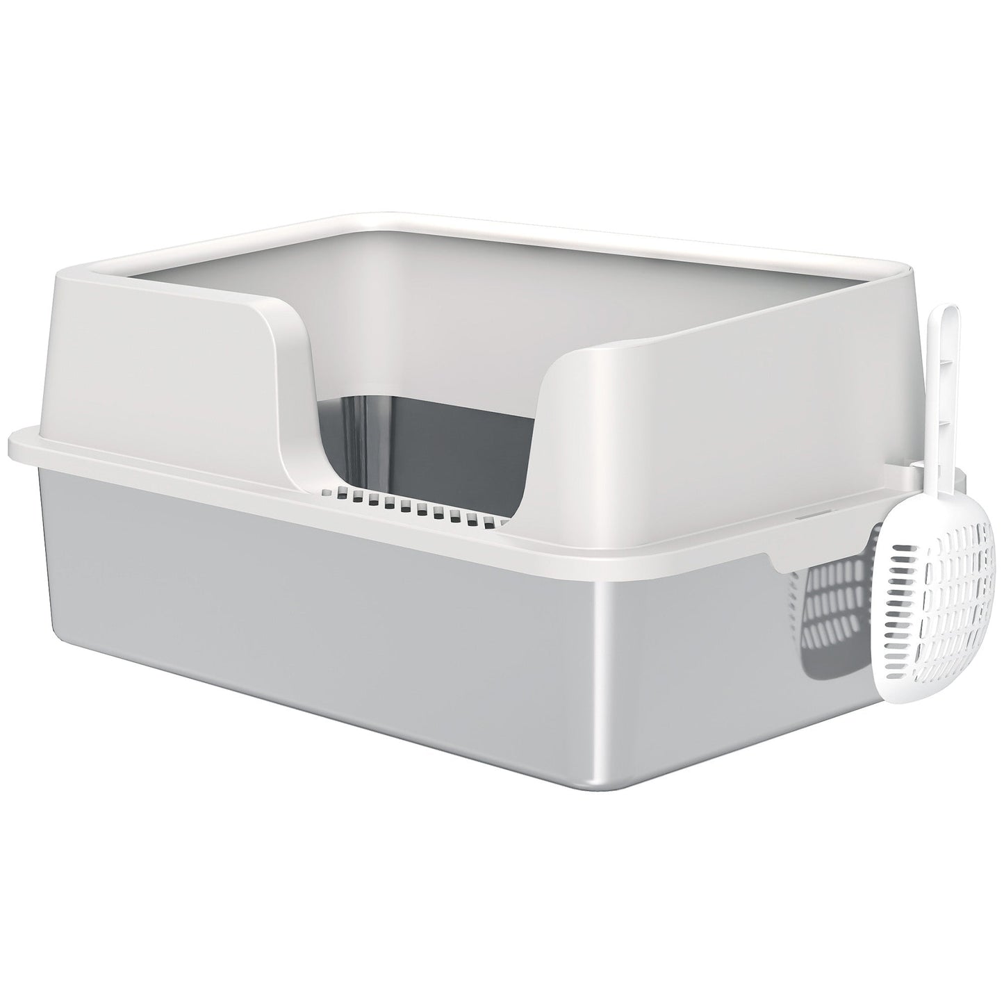 Stainless Steel Litter Box, High Sided Metal Cat Litter Tray with Detachable Rim, Scoop, Easy Cleaning, Odour-Resistant, 60 x 40 x 28 cm