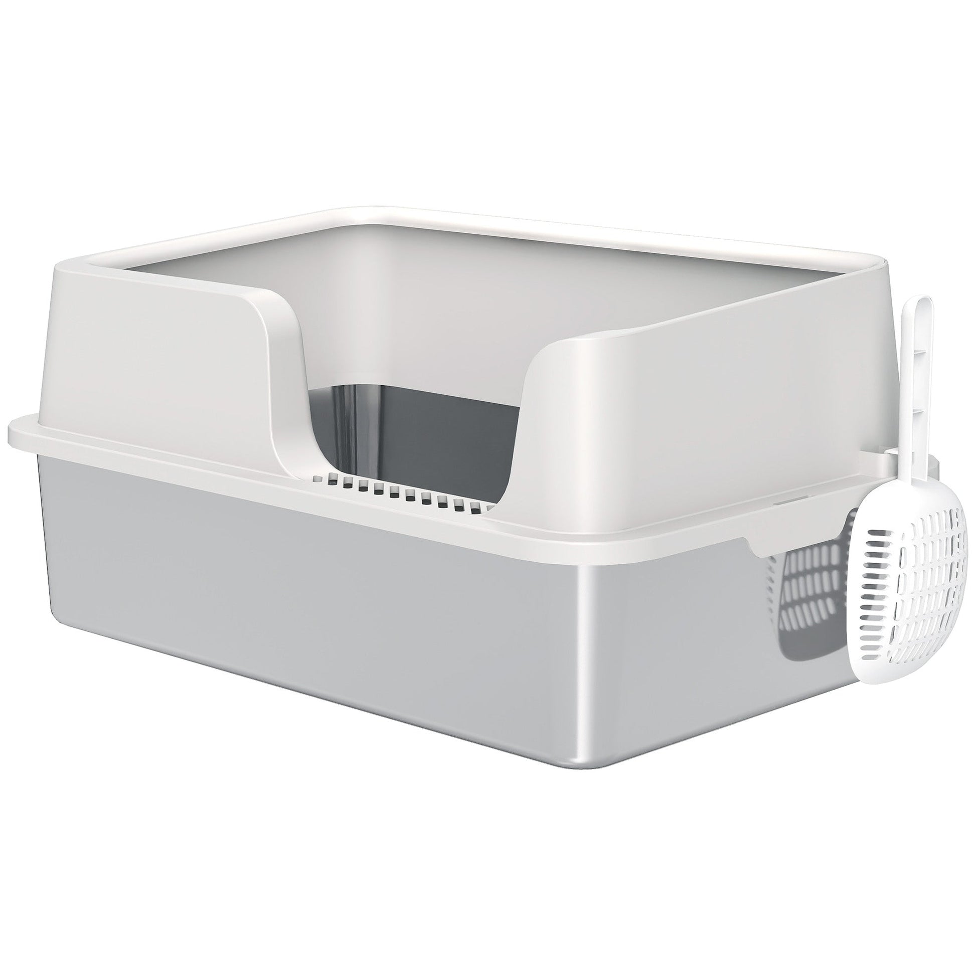 Stainless Steel Litter Box, High Sided Metal Cat Litter Tray with Detachable Rim, Scoop, Easy Cleaning, Odour-Resistant, 60 x 40 x 28 cm