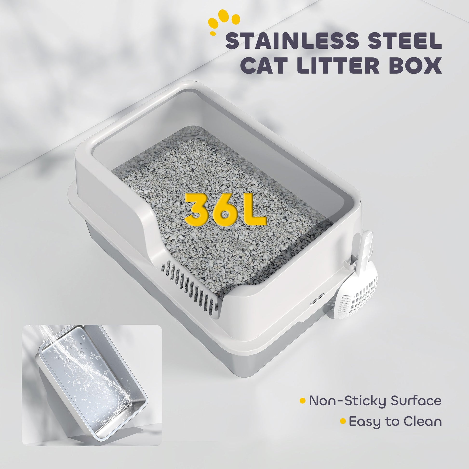 Stainless Steel Litter Box, High Sided Metal Cat Litter Tray with Detachable Rim, Scoop, Easy Cleaning, Odour-Resistant, 60 x 40 x 28 cm
