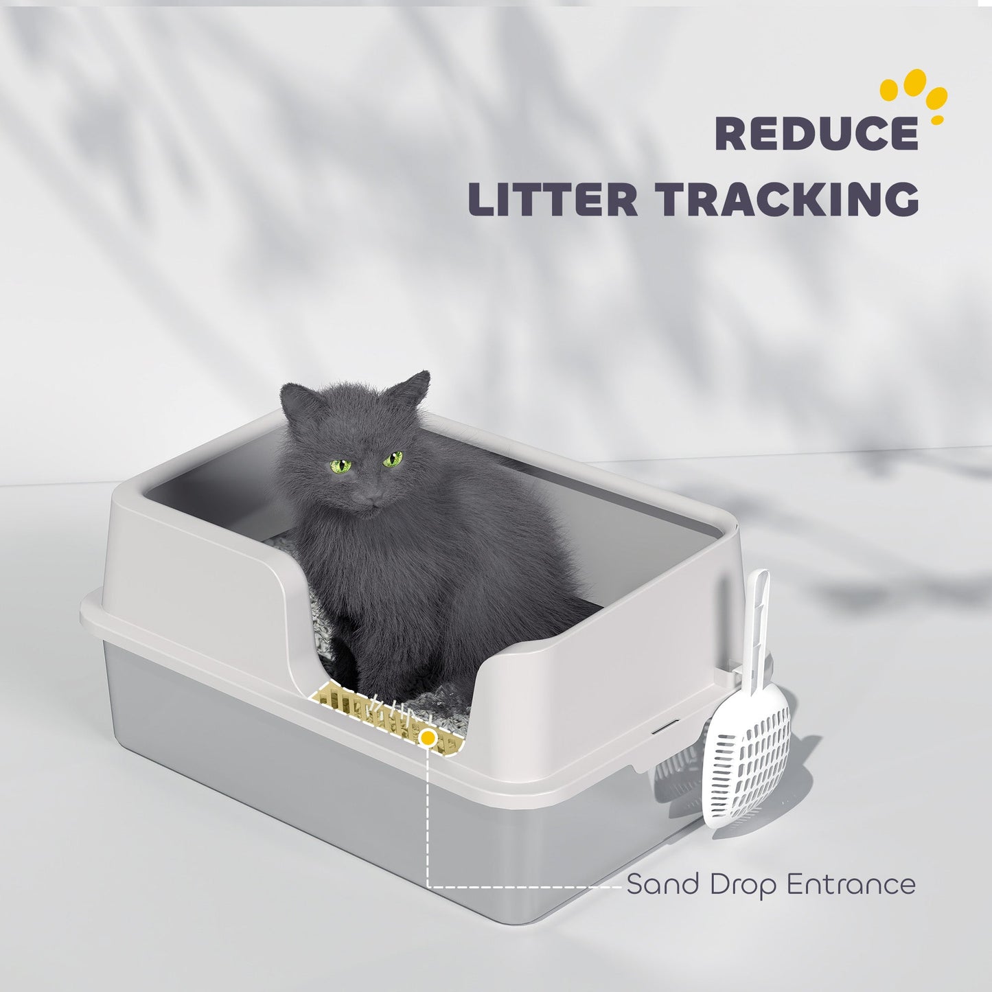 Stainless Steel Litter Box, High Sided Metal Cat Litter Tray with Detachable Rim, Scoop, Easy Cleaning, Odour-Resistant, 60 x 40 x 28 cm