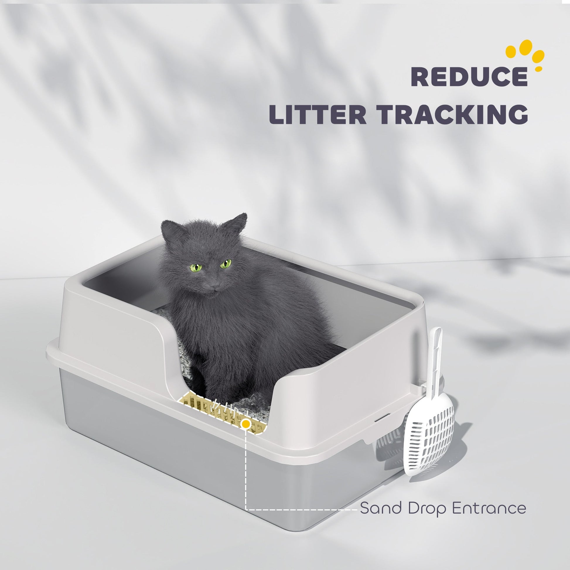 Stainless Steel Litter Box, High Sided Metal Cat Litter Tray with Detachable Rim, Scoop, Easy Cleaning, Odour-Resistant, 60 x 40 x 28 cm