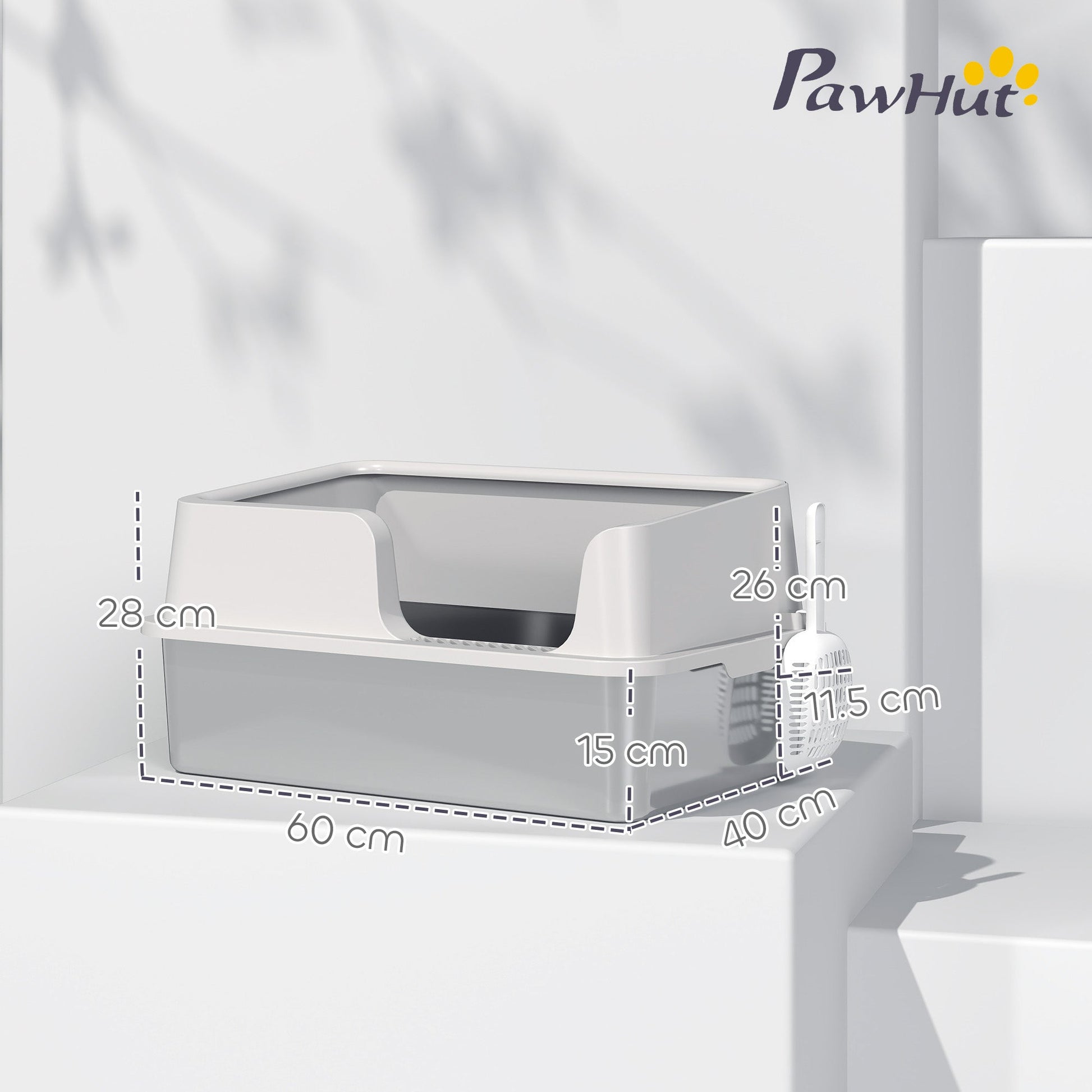 Stainless Steel Litter Box, High Sided Metal Cat Litter Tray with Detachable Rim, Scoop, Easy Cleaning, Odour-Resistant, 60 x 40 x 28 cm