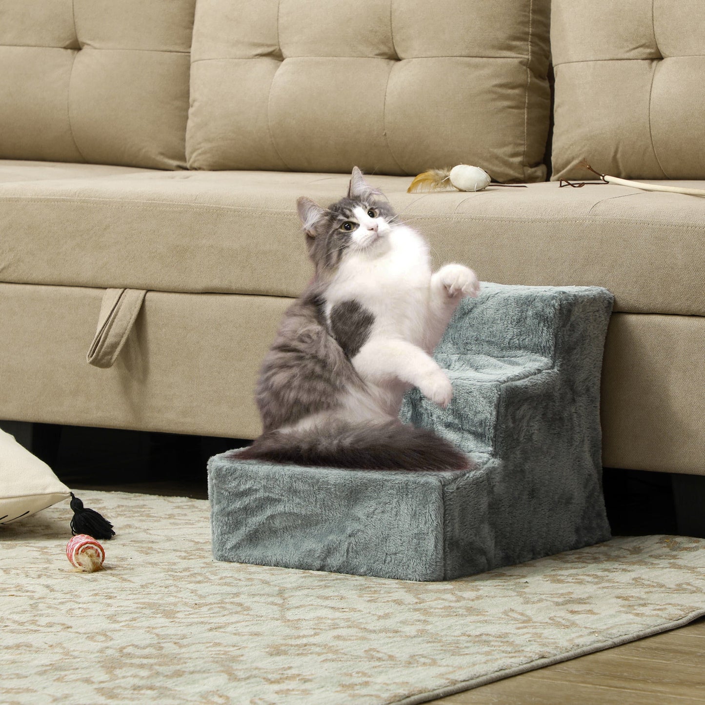 Dog Steps for Sofa, 3 Steps Dog Stairs, Pet Stairs, with Washable Plush Cover, for Small Breeds, Cats - Light Grey