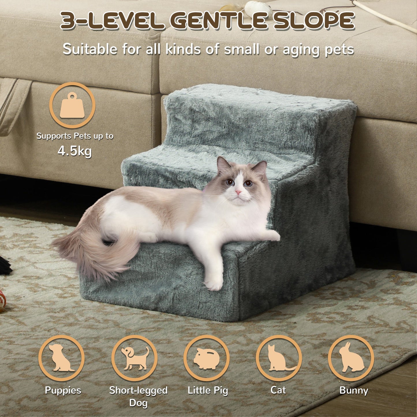 Dog Steps for Sofa, 3 Steps Dog Stairs, Pet Stairs, with Washable Plush Cover, for Small Breeds, Cats - Light Grey