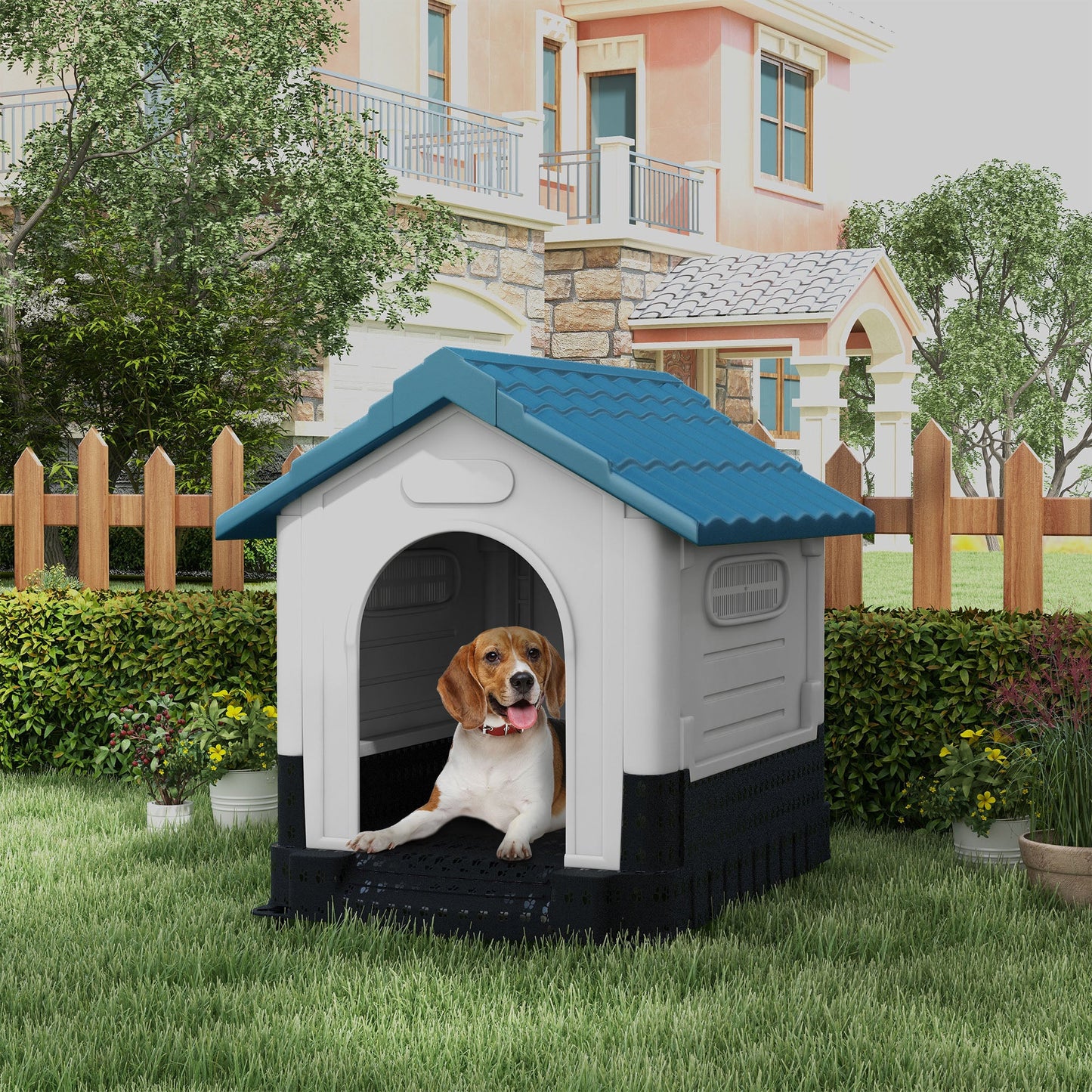 Dog Kennel for Outside, Plastic Dog House, Water-Resistant Pet Shelter with Windows, for Garden Patio, Medium and Large Dogs, 101 x 88 x 99cm - Blue