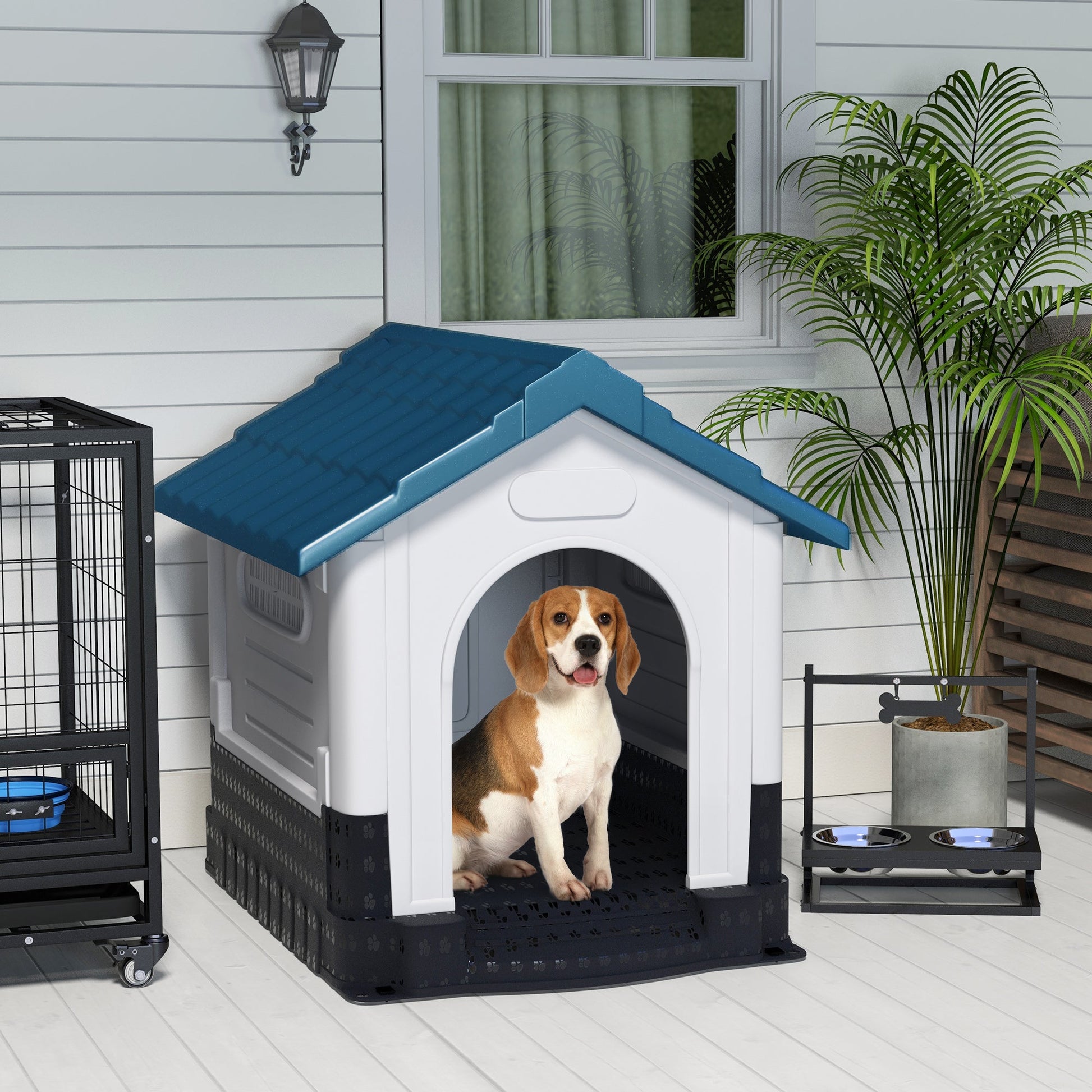 Dog Kennel for Outside, Plastic Dog House, Water-Resistant Pet Shelter with Windows, for Garden Patio, Medium and Large Dogs, 101 x 88 x 99cm - Blue