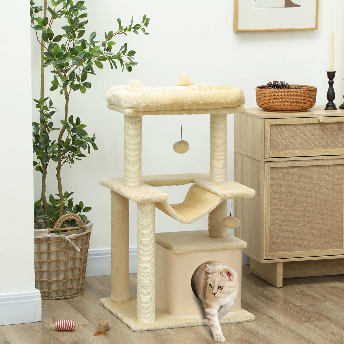 Cat Tree, 90cm Cat Tower with Sisal Scratching Posts, Cat Condo, Hammock, Top Perch and 2 Hanging Toys for Indoor Cats, Beige