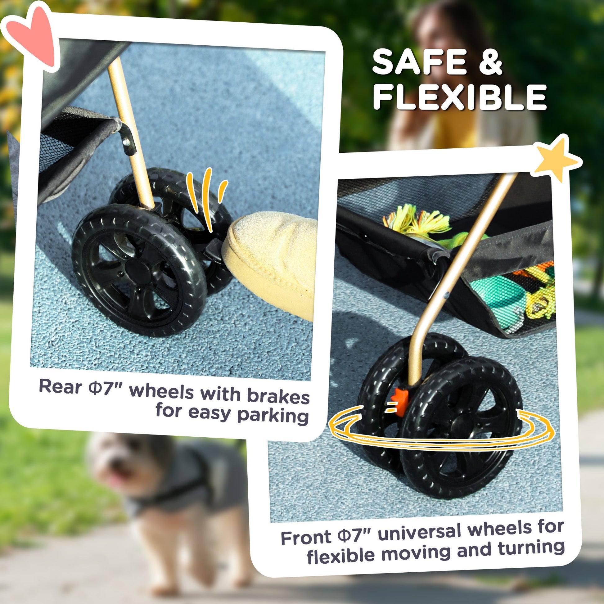 Pet Stroller, 3 in 1 Folding Dog Stroller Pram w/ 4 Wheels, Detachable Carrier, Storage Basket, Cup Holder, Safety Leashes, for Mini Dogs, Cats, Black