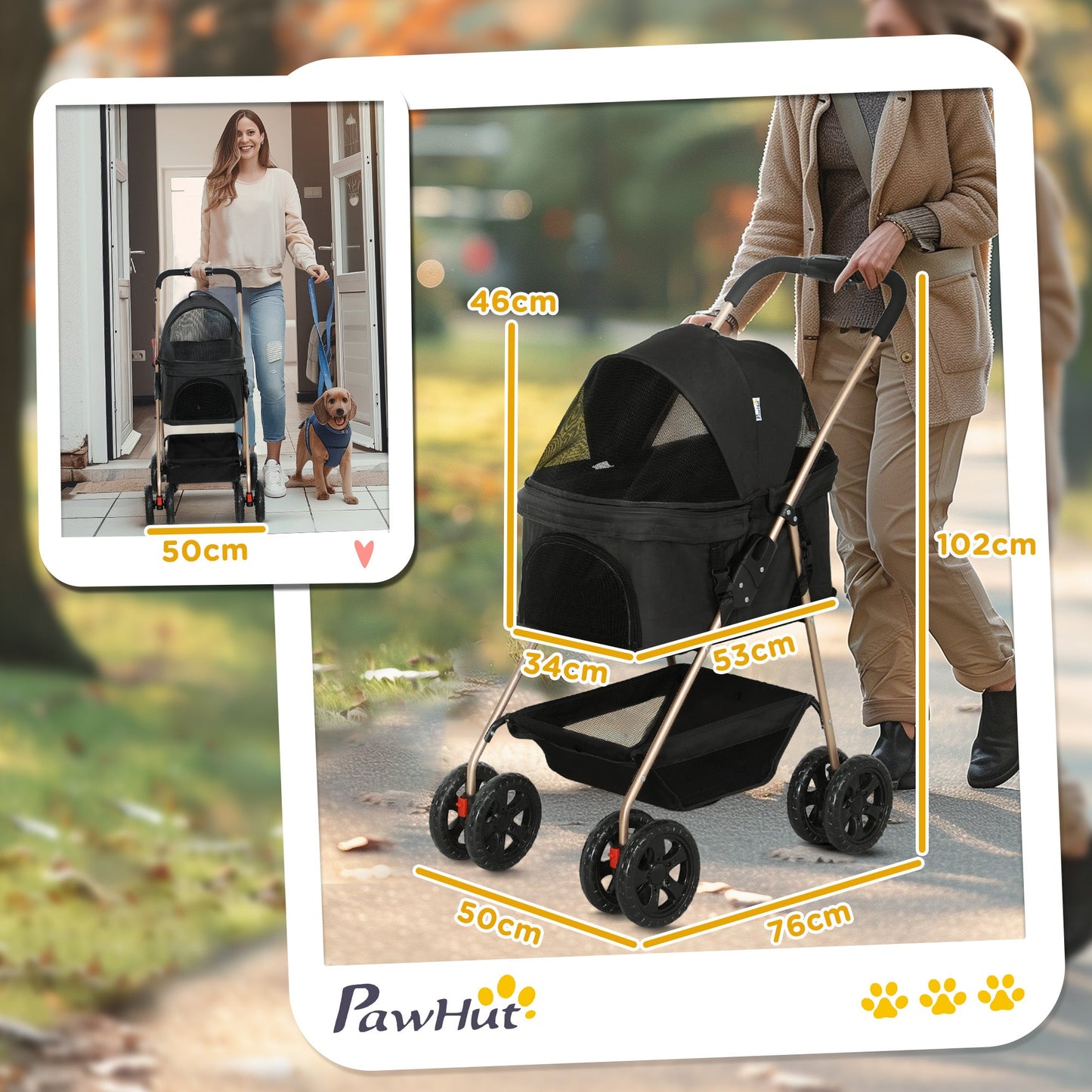 Pet Stroller, 3 in 1 Folding Dog Stroller Pram w/ 4 Wheels, Detachable Carrier, Storage Basket, Cup Holder, Safety Leashes, for Mini Dogs, Cats, Black