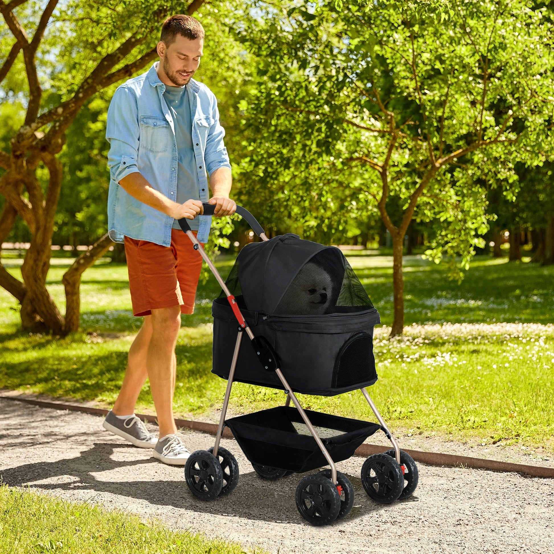 Pet Stroller, 3 in 1 Folding Dog Stroller Pram w/ 4 Wheels, Detachable Carrier, Storage Basket, Cup Holder, Safety Leashes, for Mini Dogs, Cats, Black