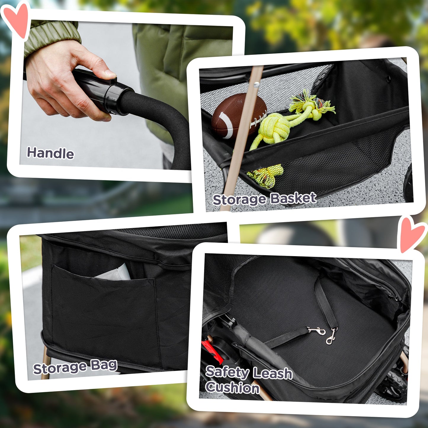 Pet Stroller, 3 in 1 Folding Dog Stroller Pram w/ 4 Wheels, Detachable Carrier, Storage Basket, Cup Holder, Safety Leashes, for Mini Dogs, Cats, Black