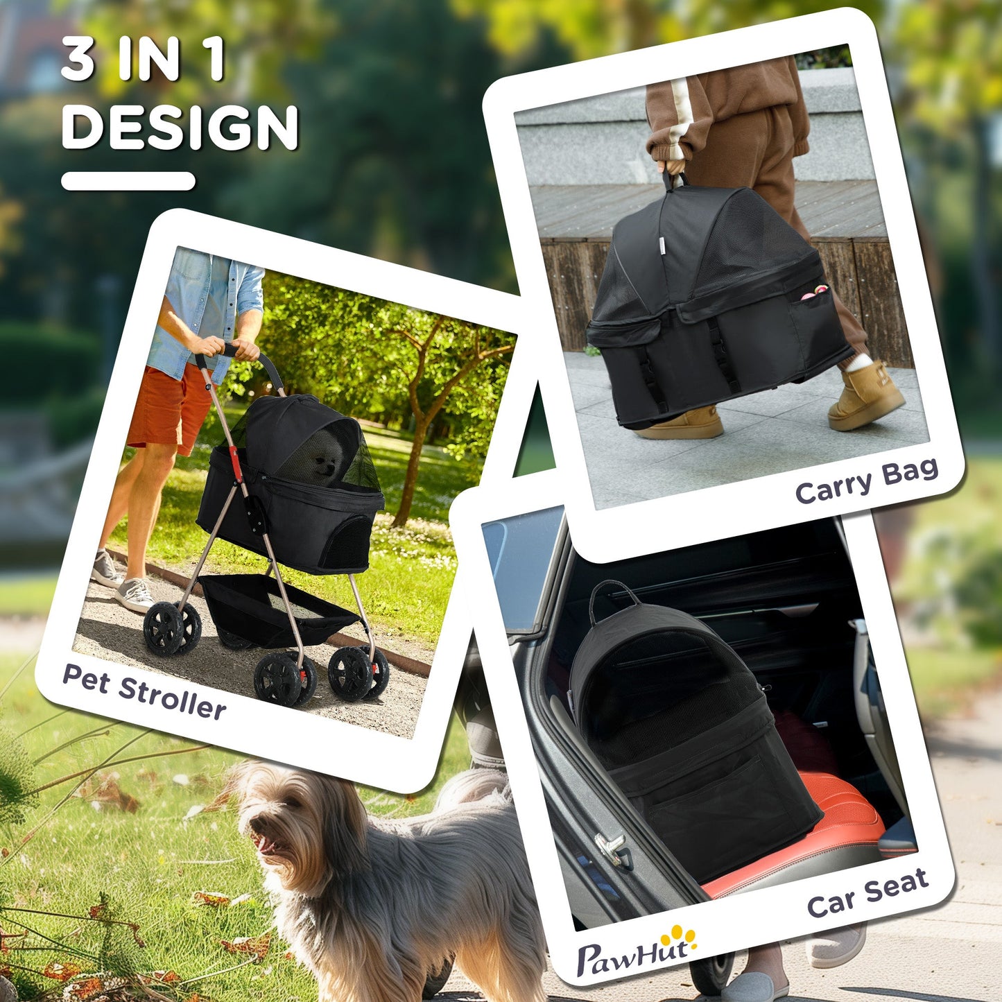 Pet Stroller, 3 in 1 Folding Dog Stroller Pram w/ 4 Wheels, Detachable Carrier, Storage Basket, Cup Holder, Safety Leashes, for Mini Dogs, Cats, Black