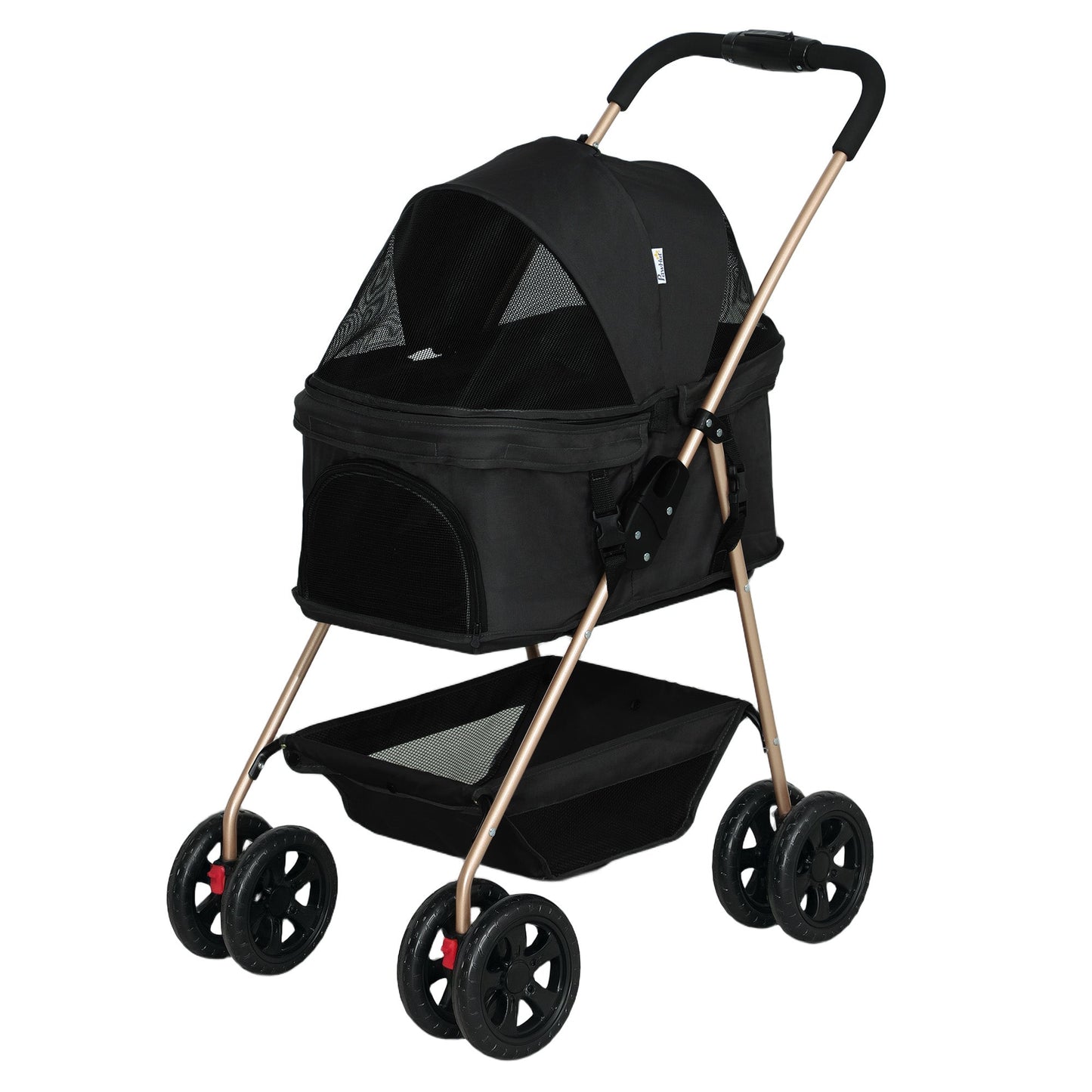 Pet Stroller, 3 in 1 Folding Dog Stroller Pram w/ 4 Wheels, Detachable Carrier, Storage Basket, Cup Holder, Safety Leashes, for Mini Dogs, Cats, Black