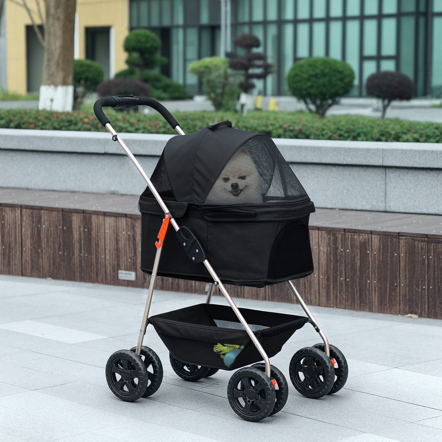 Pet Stroller, 3 in 1 Folding Dog Stroller Pram w/ 4 Wheels, Detachable Carrier, Storage Basket, Cup Holder, Safety Leashes, for Mini Dogs, Cats, Black