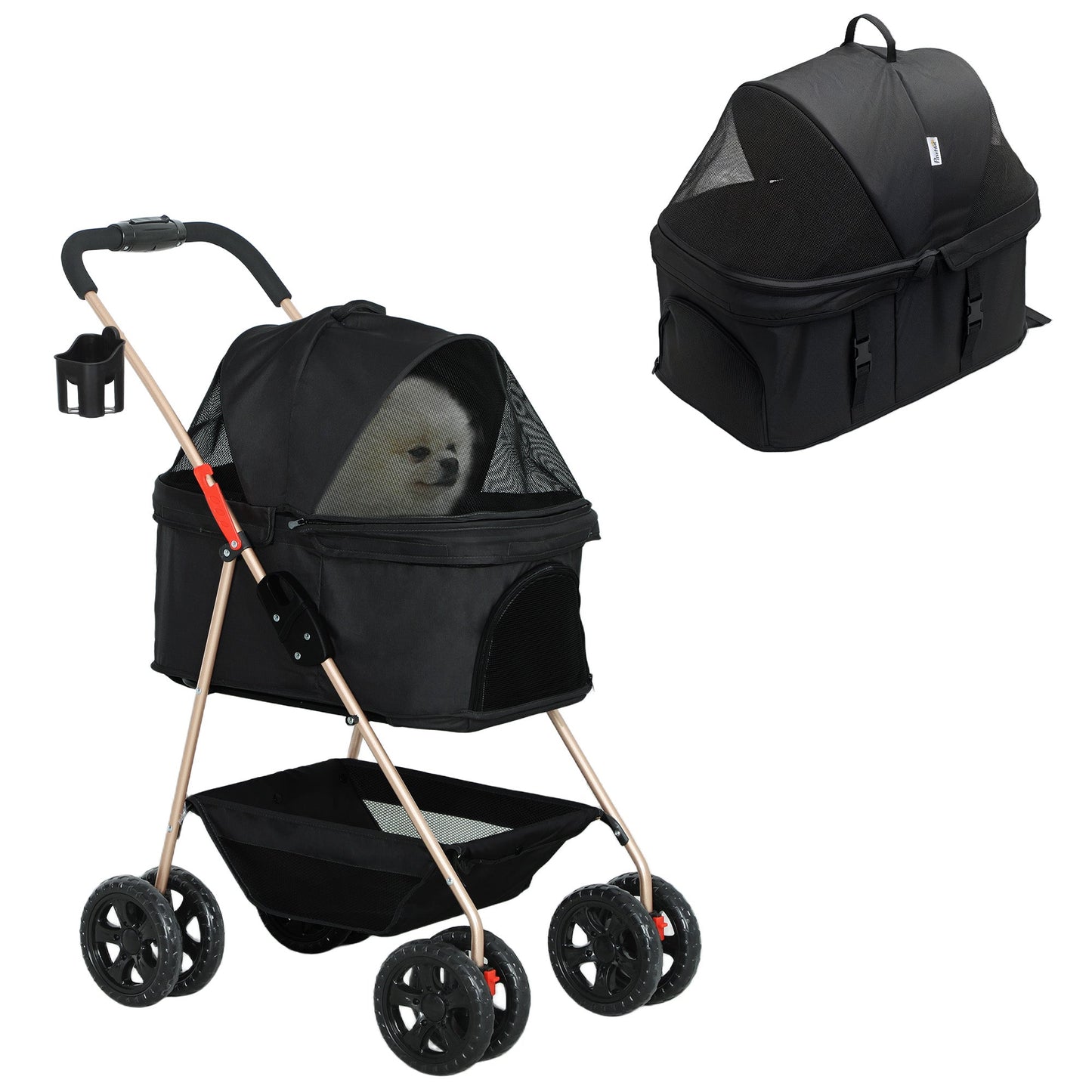 Pet Stroller, 3 in 1 Folding Dog Stroller Pram w/ 4 Wheels, Detachable Carrier, Storage Basket, Cup Holder, Safety Leashes, for Mini Dogs, Cats, Black