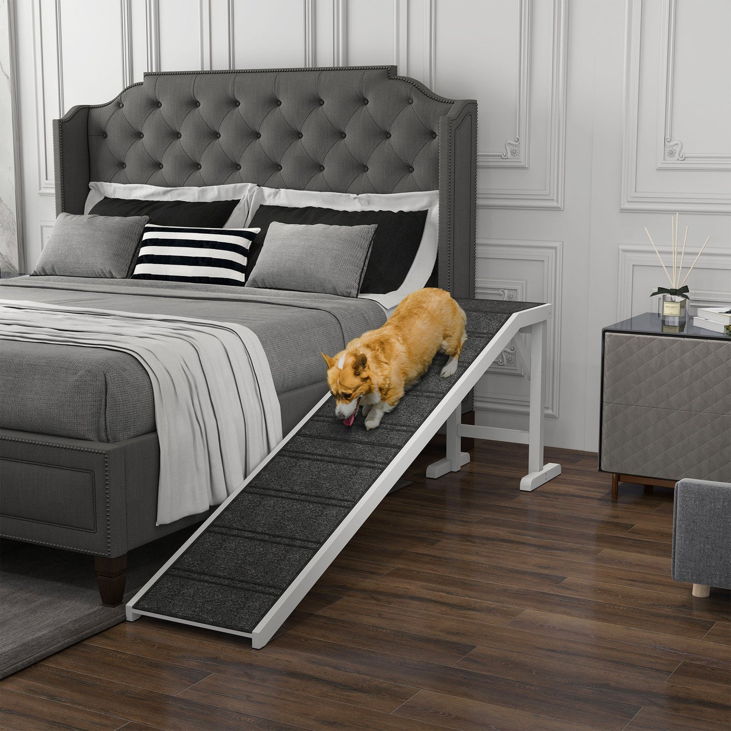 Dog Ramp for Bed, Pet Ramp for Dogs with Non-Slip Carpet and Top Platform, White & Grey
