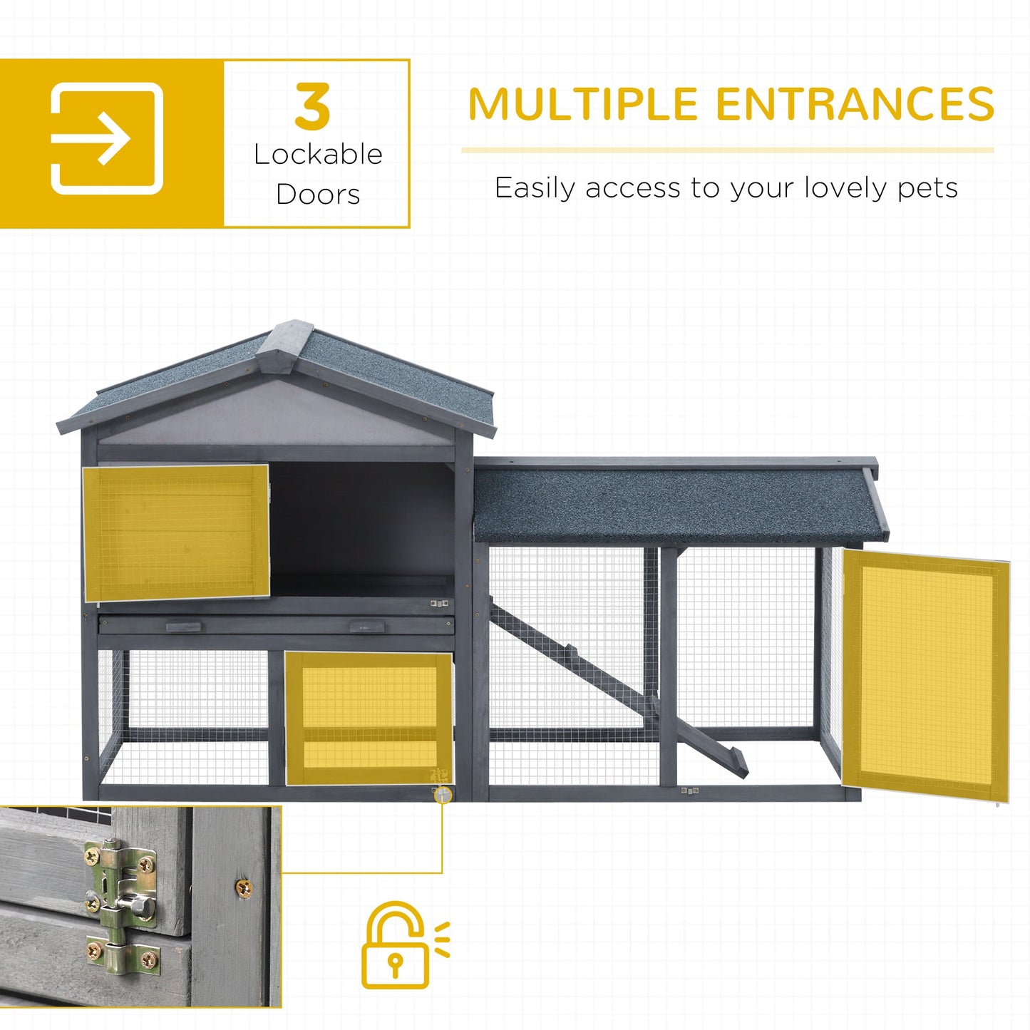 Wooden Rabbit Hutch Outdoor, Double Tier Guinea Pig Hutch, Small Animal House Water-Resistant Roof Ramp 147 x 54 x 84 cm, Grey