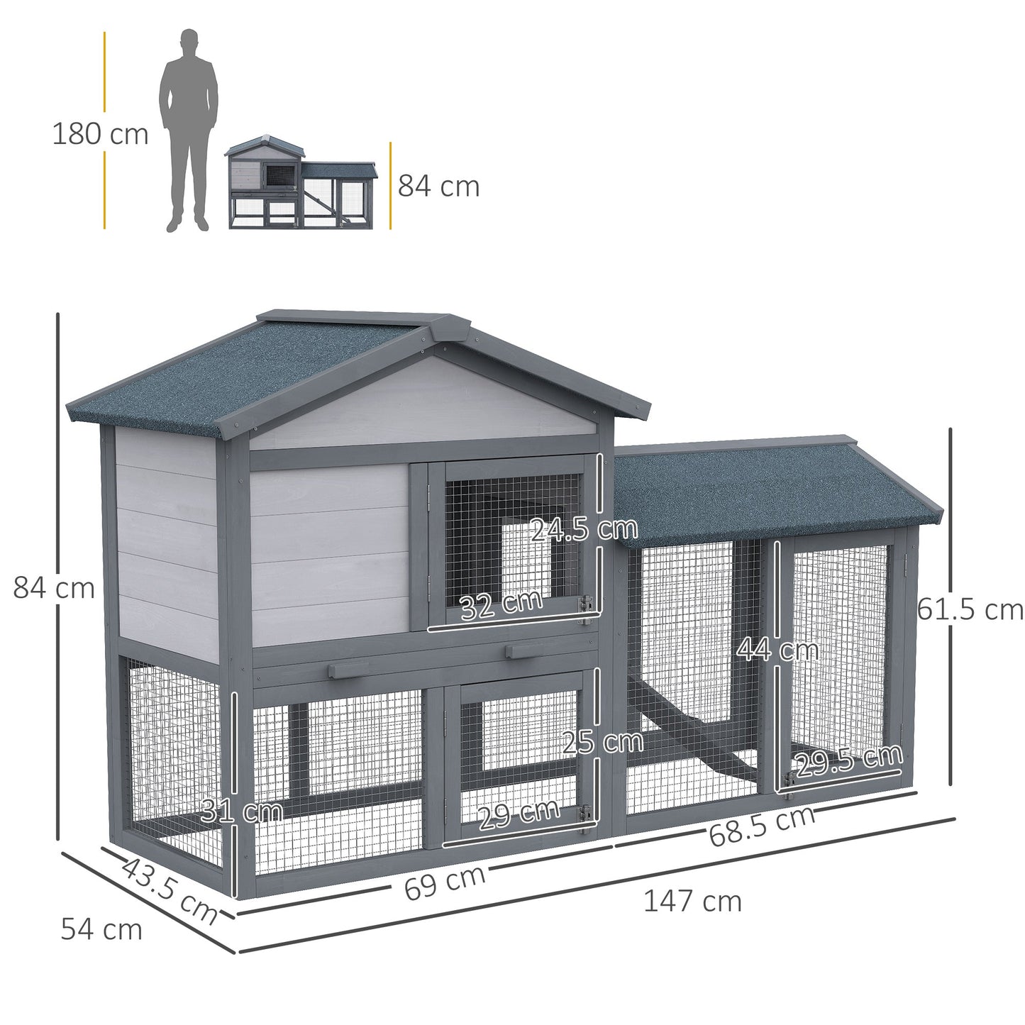 Wooden Rabbit Hutch Outdoor, Double Tier Guinea Pig Hutch, Small Animal House Water-Resistant Roof Ramp 147 x 54 x 84 cm, Grey