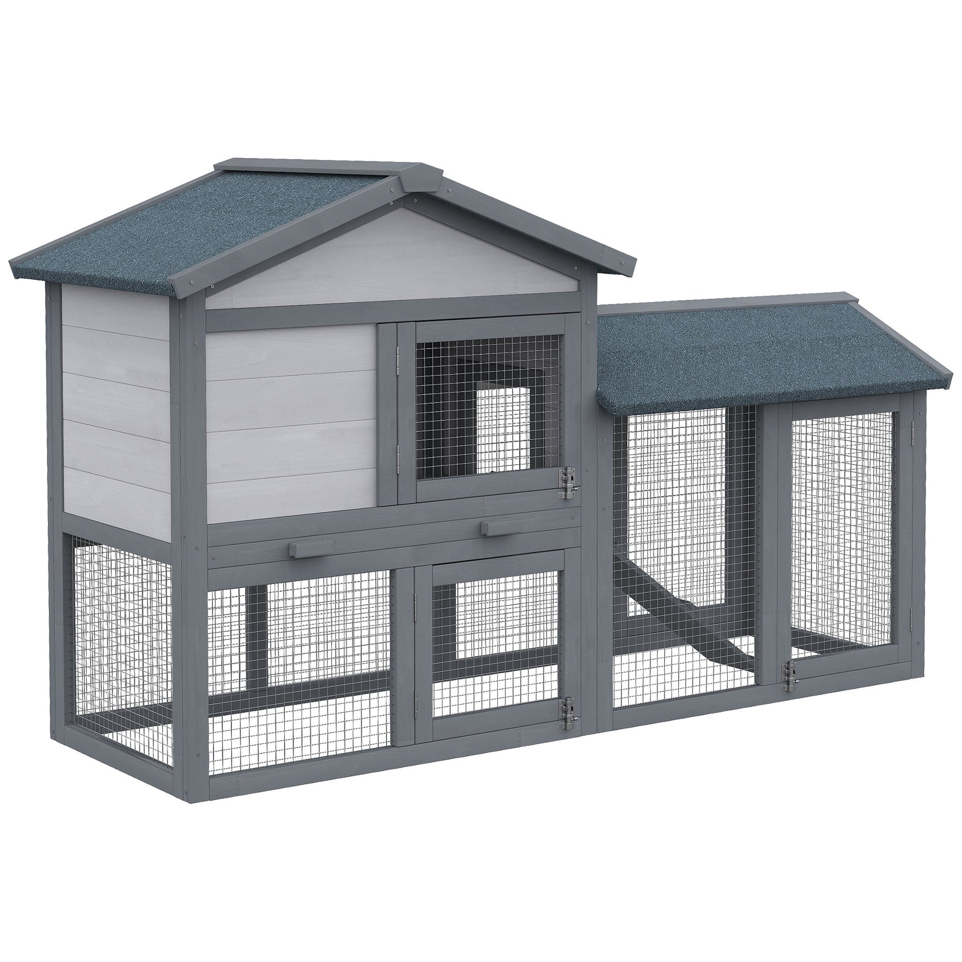 Wooden Rabbit Hutch Outdoor, Double Tier Guinea Pig Hutch, Small Animal House Water-Resistant Roof Ramp 147 x 54 x 84 cm, Grey