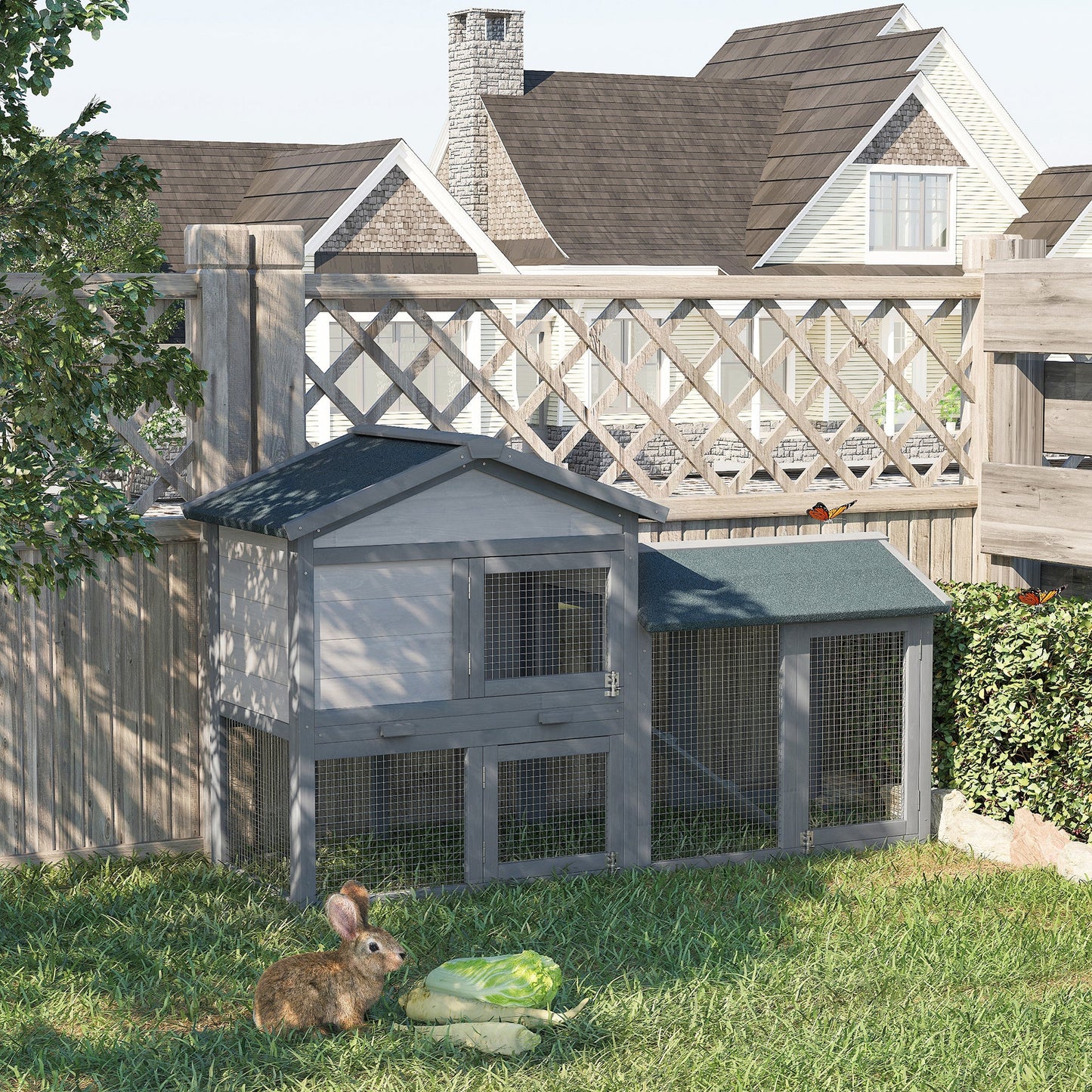 Wooden Rabbit Hutch Outdoor, Double Tier Guinea Pig Hutch, Small Animal House Water-Resistant Roof Ramp 147 x 54 x 84 cm, Grey