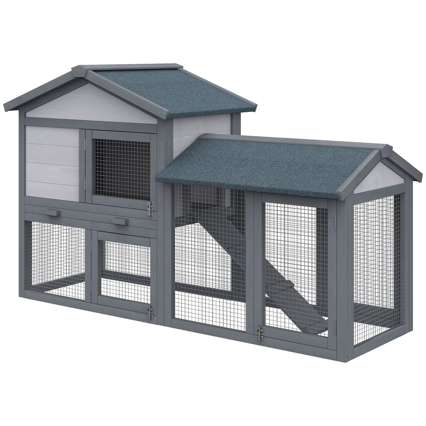 Wooden Rabbit Hutch Outdoor, Double Tier Guinea Pig Hutch, Small Animal House Water-Resistant Roof Ramp 147 x 54 x 84 cm, Grey