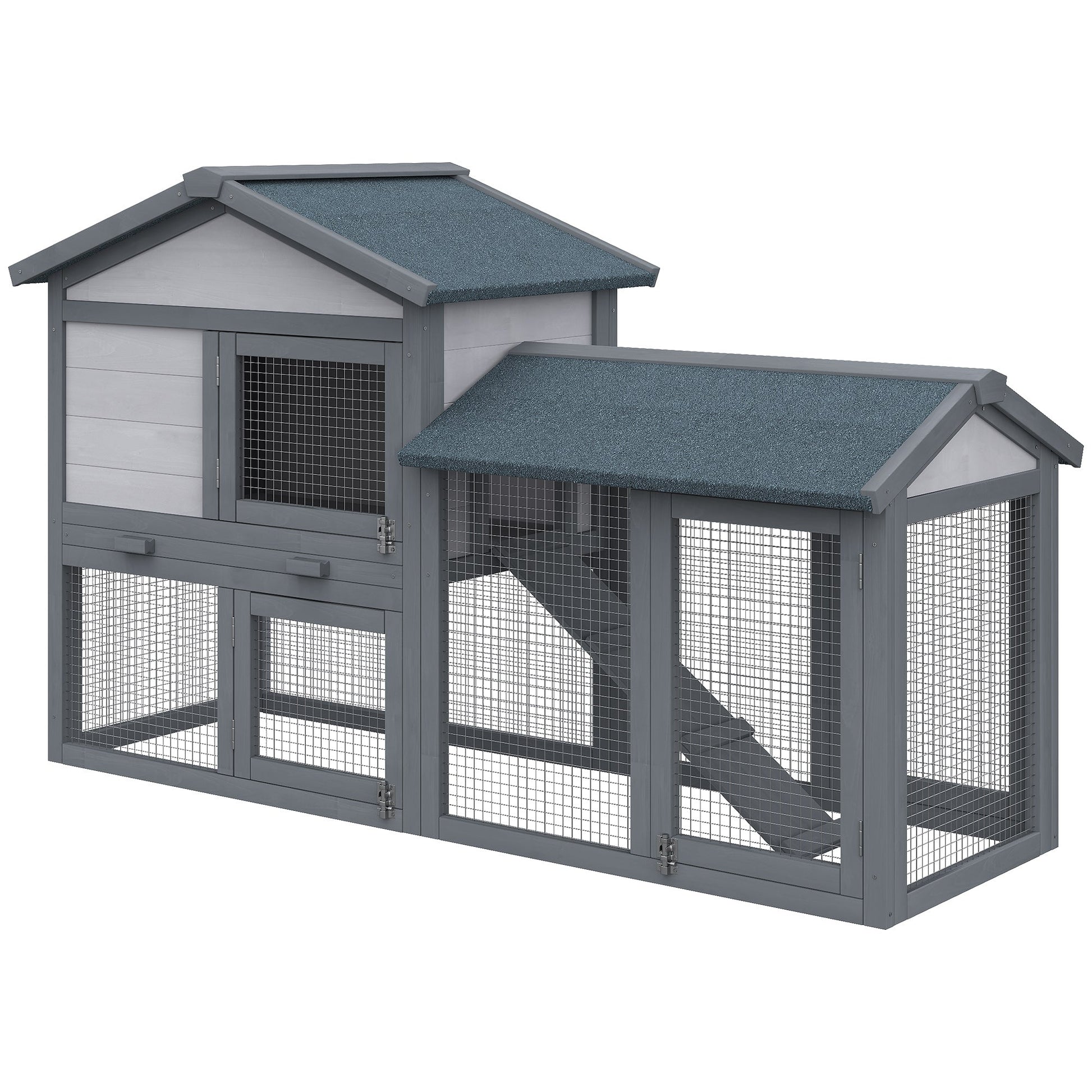 Wooden Rabbit Hutch Outdoor, Double Tier Guinea Pig Hutch, Small Animal House Water-Resistant Roof Ramp 147 x 54 x 84 cm, Grey