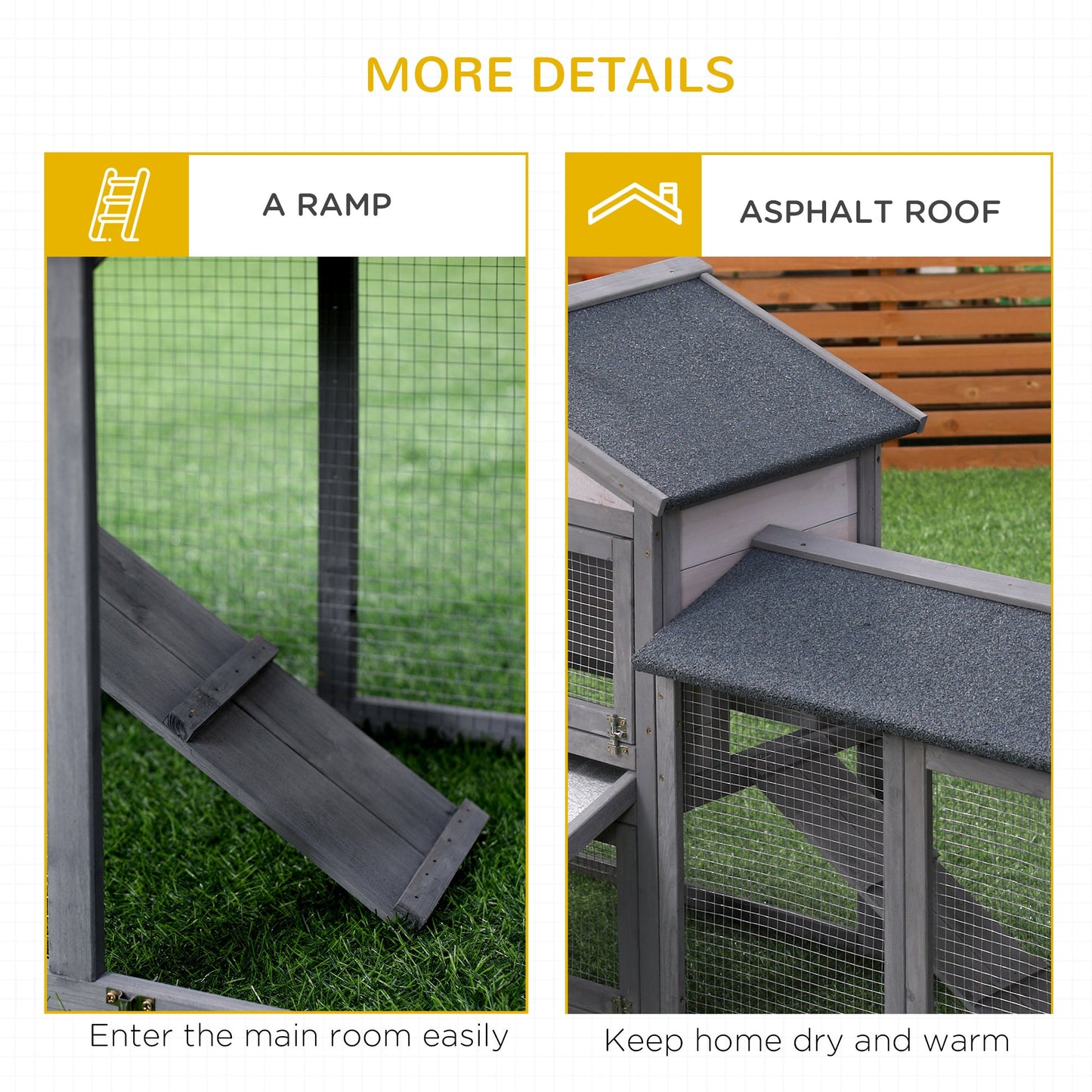 Wooden Rabbit Hutch Outdoor, Double Tier Guinea Pig Hutch, Small Animal House Water-Resistant Roof Ramp 147 x 54 x 84 cm, Grey