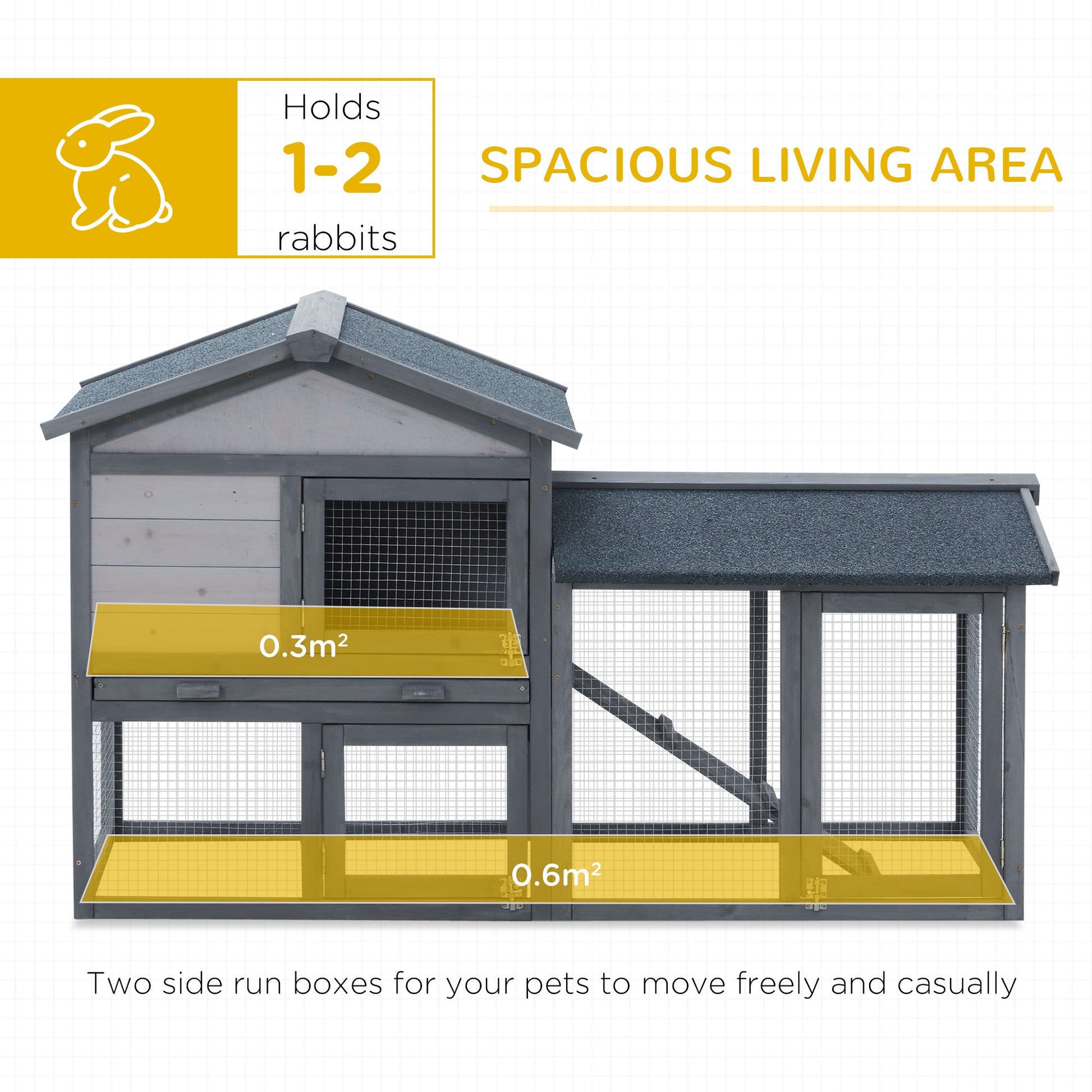 Wooden Rabbit Hutch Outdoor, Double Tier Guinea Pig Hutch, Small Animal House Water-Resistant Roof Ramp 147 x 54 x 84 cm, Grey