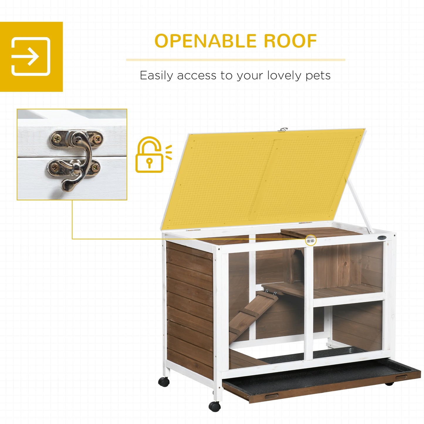 Rabbit Hutch Indoor Wooden Guinea Pig House Hamster Cage with Wheels, 2 Layers Bunny Cage with Openable Roof, 91.5 x 53.3 x 73 cm, Brown