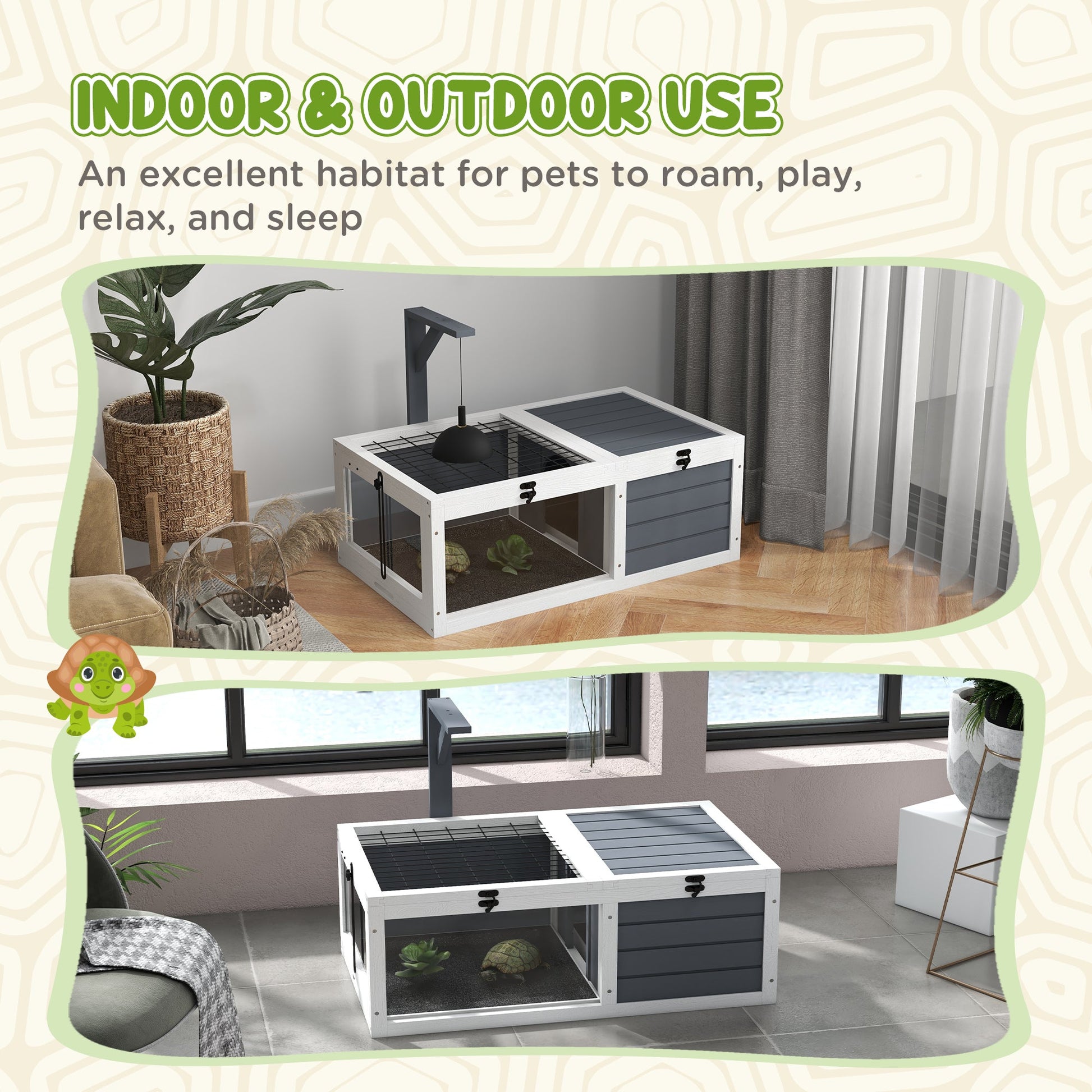 Tortoise House, Wooden Tortoise Table, Tortoise Enclosure with Wooden Lamp Holder, Openable Lids, Pull-Out Trays - Grey