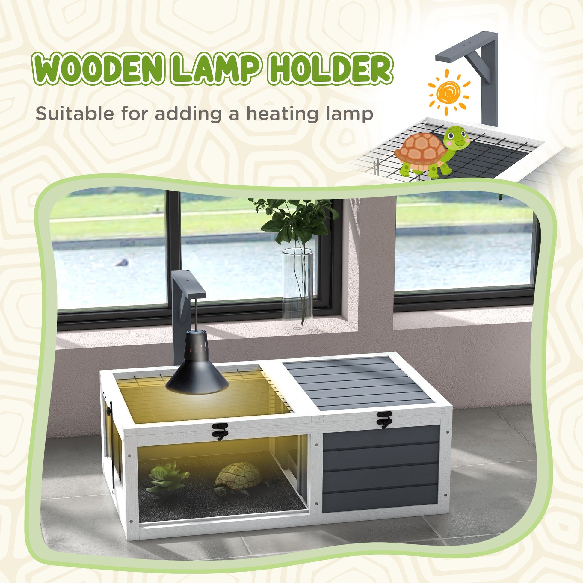 Tortoise House, Wooden Tortoise Table, Tortoise Enclosure with Wooden Lamp Holder, Openable Lids, Pull-Out Trays - Grey