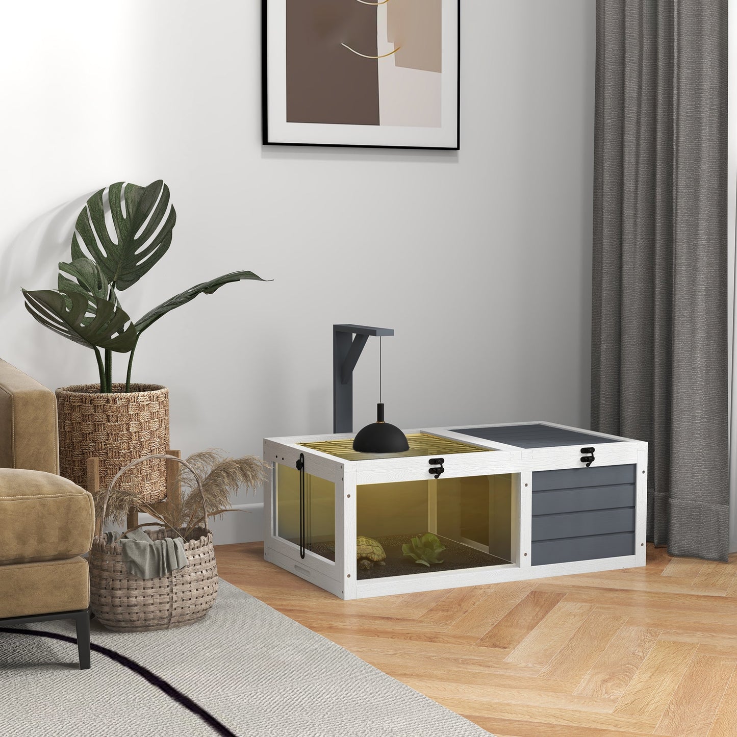 Tortoise House, Wooden Tortoise Table, Tortoise Enclosure with Wooden Lamp Holder, Openable Lids, Pull-Out Trays - Grey