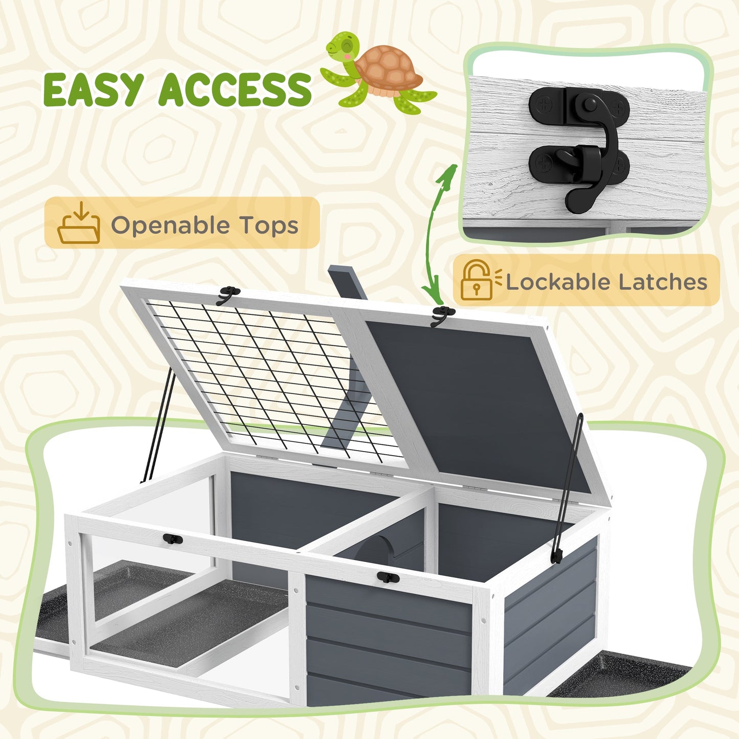 Tortoise House, Wooden Tortoise Table, Tortoise Enclosure with Wooden Lamp Holder, Openable Lids, Pull-Out Trays - Grey
