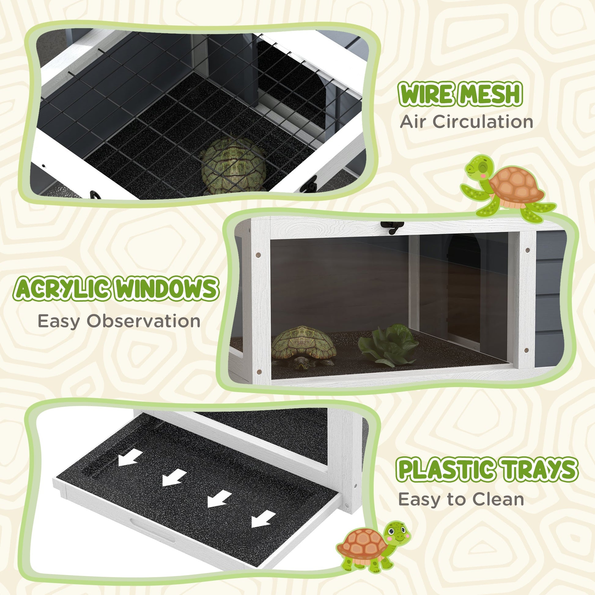 Tortoise House, Wooden Tortoise Table, Tortoise Enclosure with Wooden Lamp Holder, Openable Lids, Pull-Out Trays - Grey