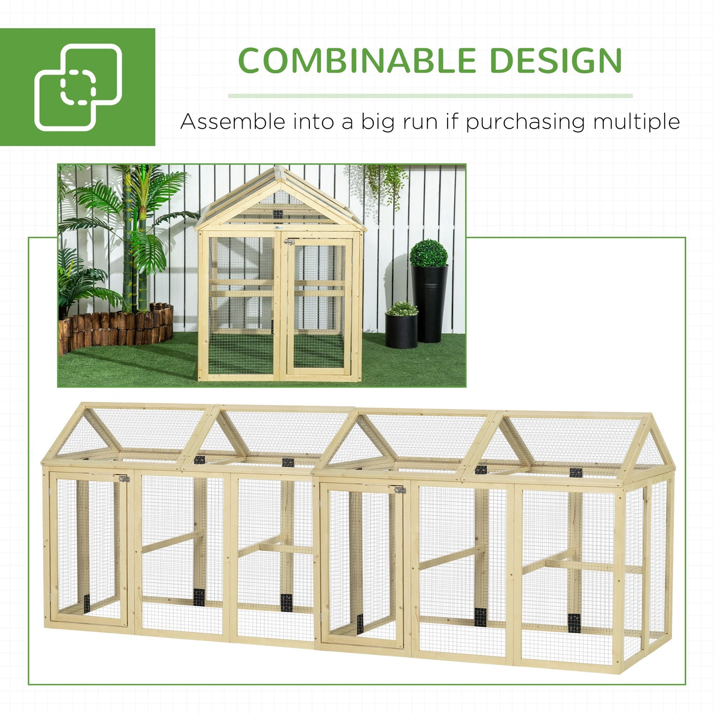 Large Chicken Run, Wooden Chicken Coop, Pet Playpen w/ Combinable Design - Natural Wood Finish