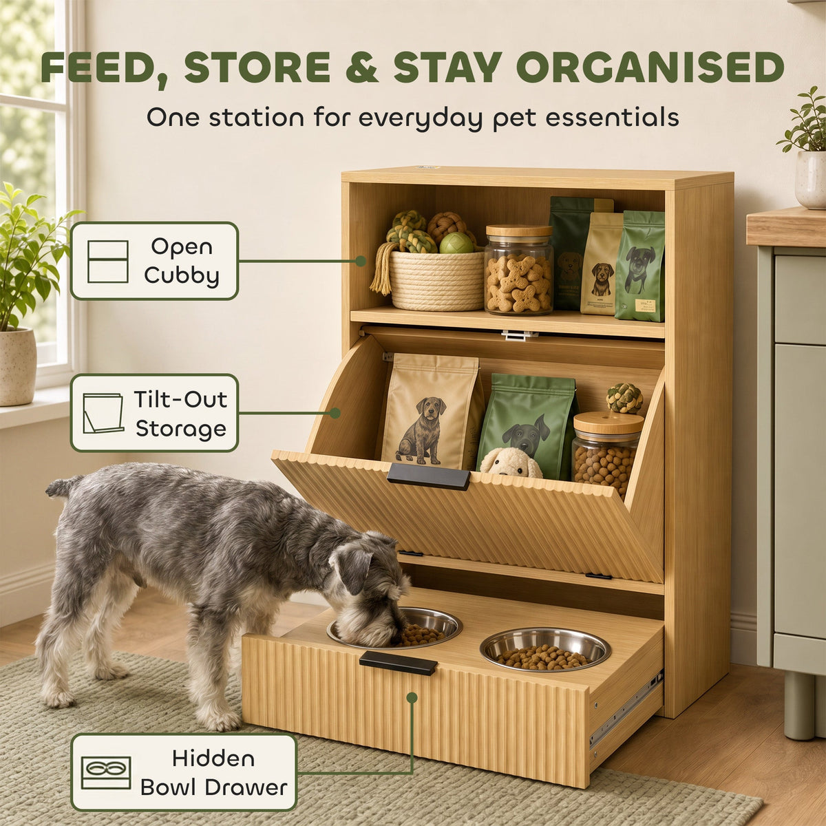 Pet Feeder Station with Storage, Dog Food Storage Container w/ 2 Raised Stainless Steel Bowls, Tilt Out Cabinet, Slow Feeder Mat for Water & Food, Pet Feeding Station for Small Medium, Oak