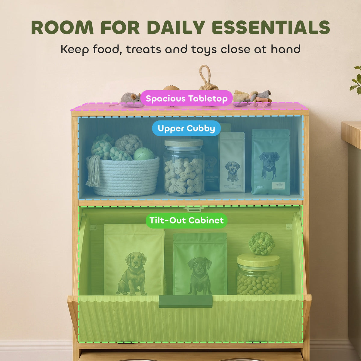 Pet Feeder Station with Storage, Dog Food Storage Container w/ 2 Raised Stainless Steel Bowls, Tilt Out Cabinet, Slow Feeder Mat for Water & Food, Pet Feeding Station for Small Medium, Oak