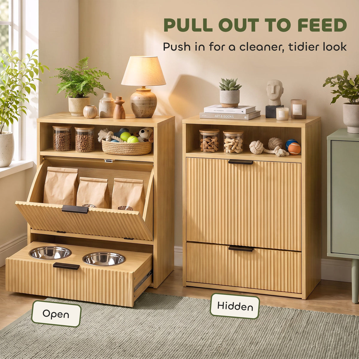 Pet Feeder Station with Storage, Dog Food Storage Container w/ 2 Raised Stainless Steel Bowls, Tilt Out Cabinet, Slow Feeder Mat for Water & Food, Pet Feeding Station for Small Medium, Oak