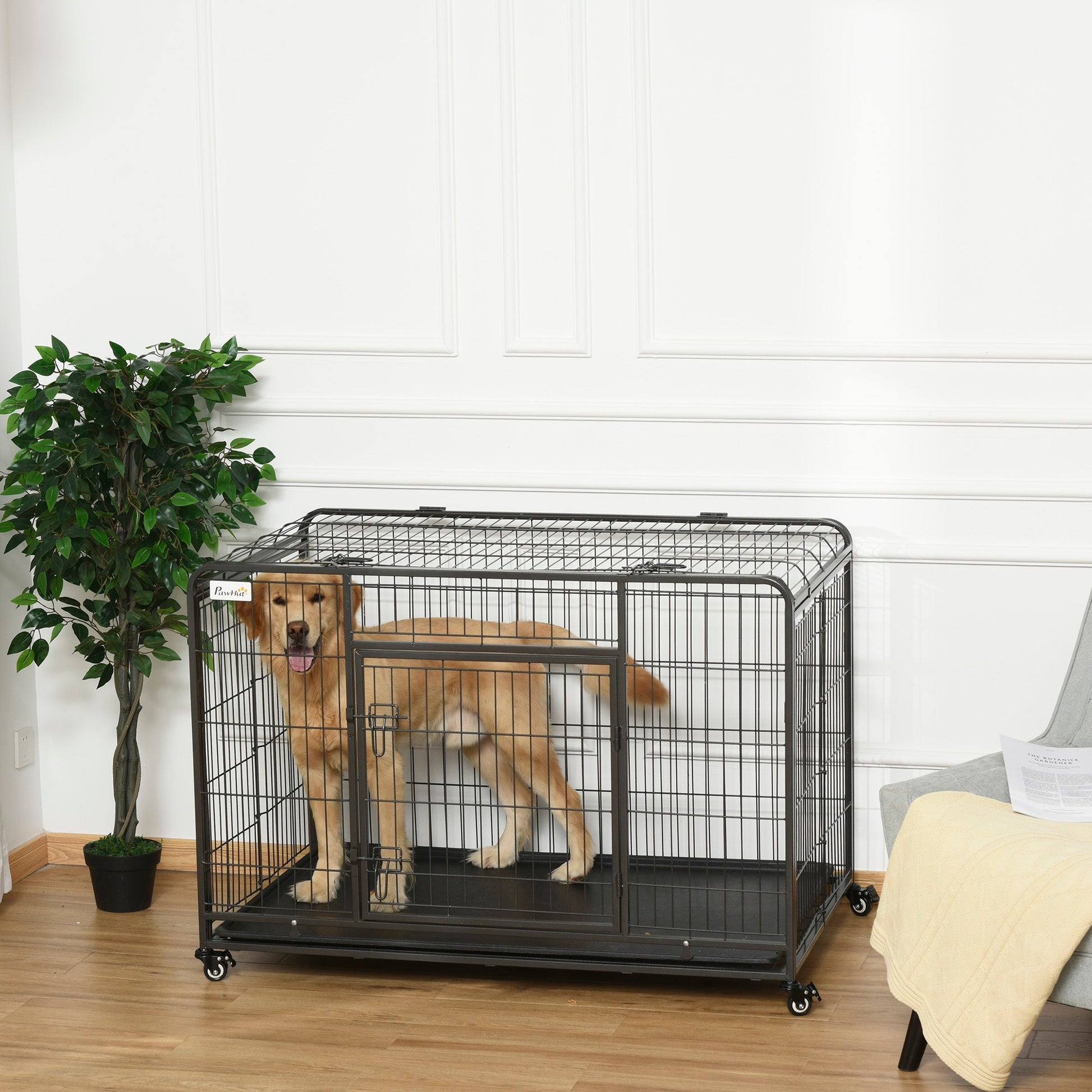 Metal Dog Cage Kennel Locking Door & Wheels Removable Tray Openable Top For Extra Large Pets 125 x 76 x 81 cm