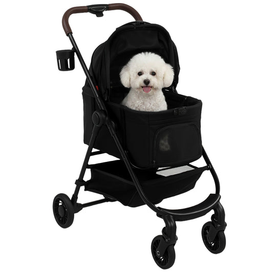Dog Stroller, 3 in 1 Foldable Pet Stroller for Small Puppy Cat with Detachable Travel Carrier, 4 Wheels Dog Pram with Storage Basket, Seat Leashes, Mesh Window, Black
