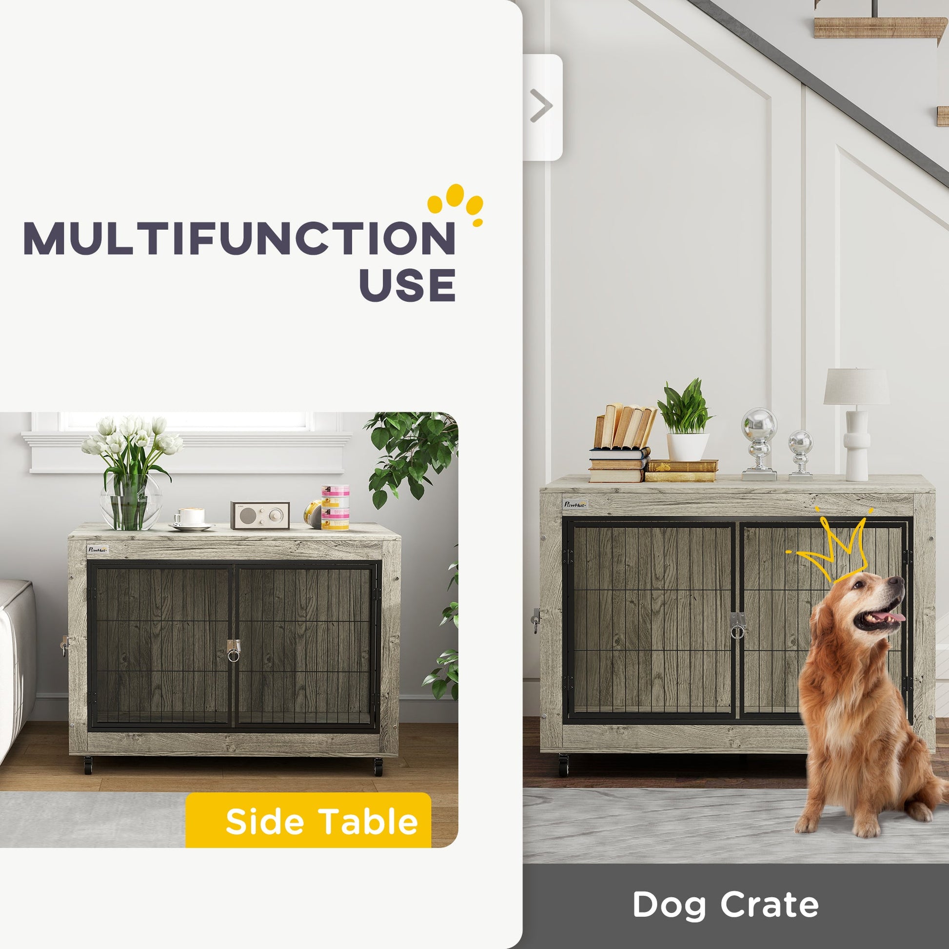 Dog Crate Furniture on Wheels, Dog Cage End Side Table with Lockable Double Doors, for Large Breeds, 100 x 60 x 73.5cm, Grey
