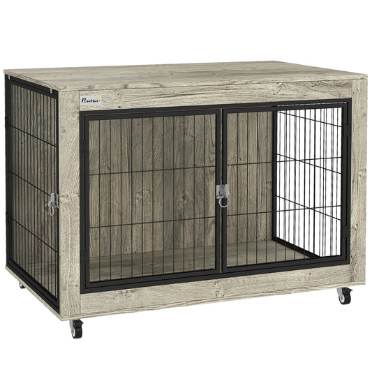 Dog Crate Furniture on Wheels, Dog Cage End Side Table with Lockable Double Doors, for Large Breeds, 100 x 60 x 73.5cm, Grey