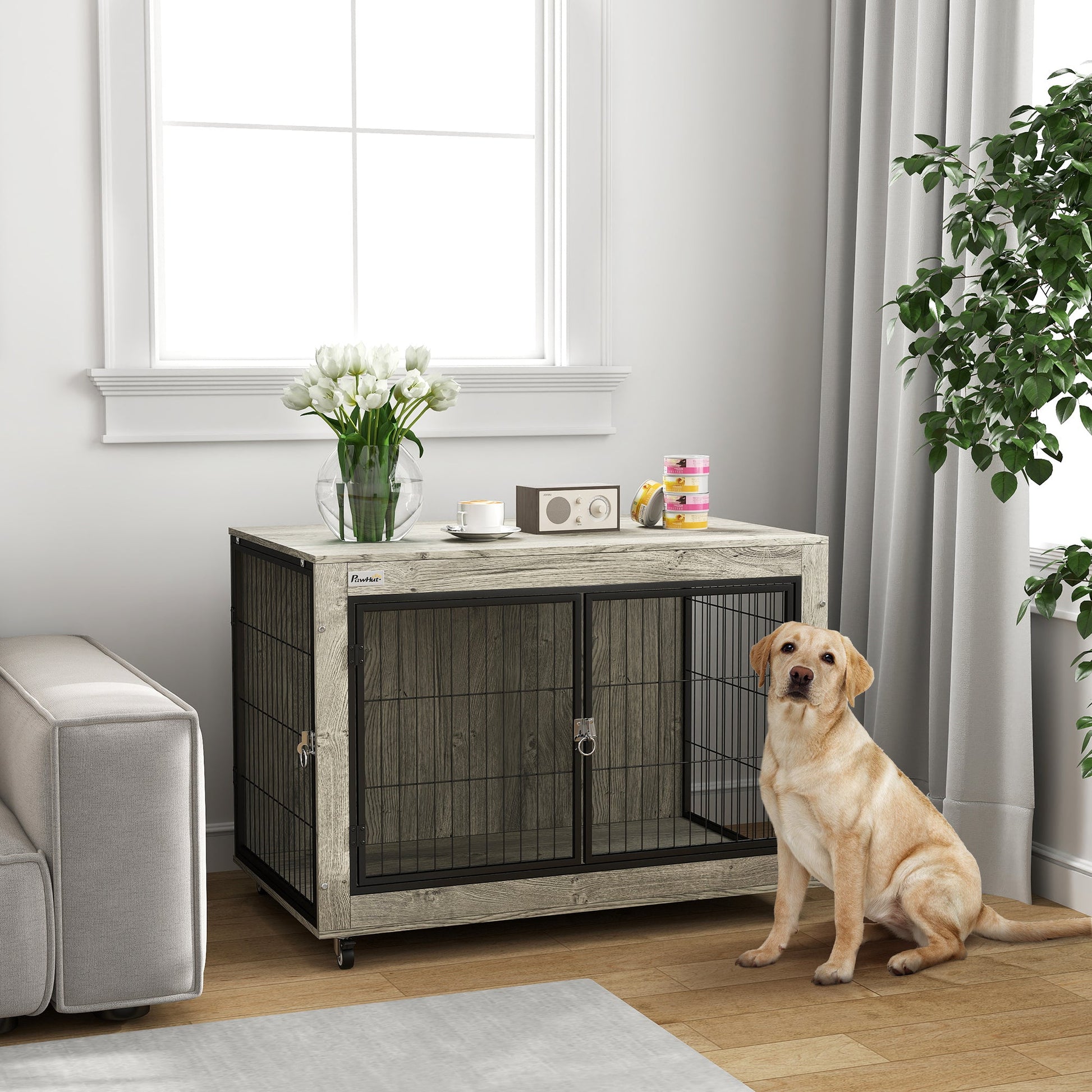 Dog Crate Furniture on Wheels, Dog Cage End Side Table with Lockable Double Doors, for Large Breeds, 100 x 60 x 73.5cm, Grey