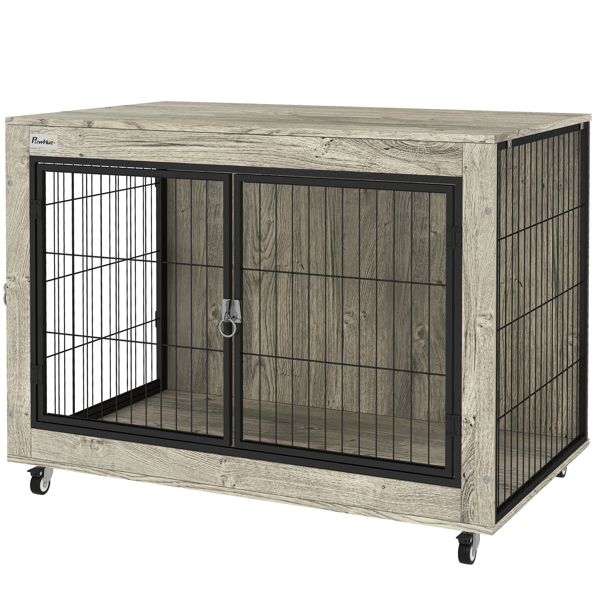 Dog Crate Furniture on Wheels, Dog Cage End Side Table with Lockable Double Doors, for Large Breeds, 100 x 60 x 73.5cm, Grey
