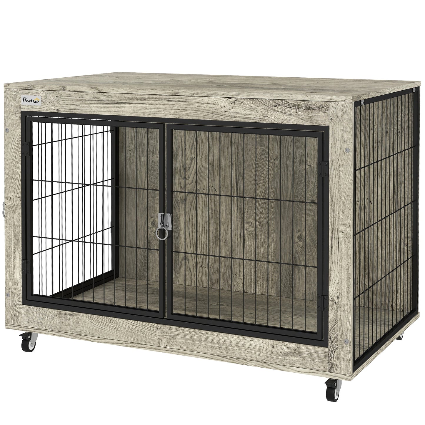 Dog Crate Furniture on Wheels, Dog Cage End Side Table with Lockable Double Doors, for Large Breeds, 100 x 60 x 73.5cm, Grey