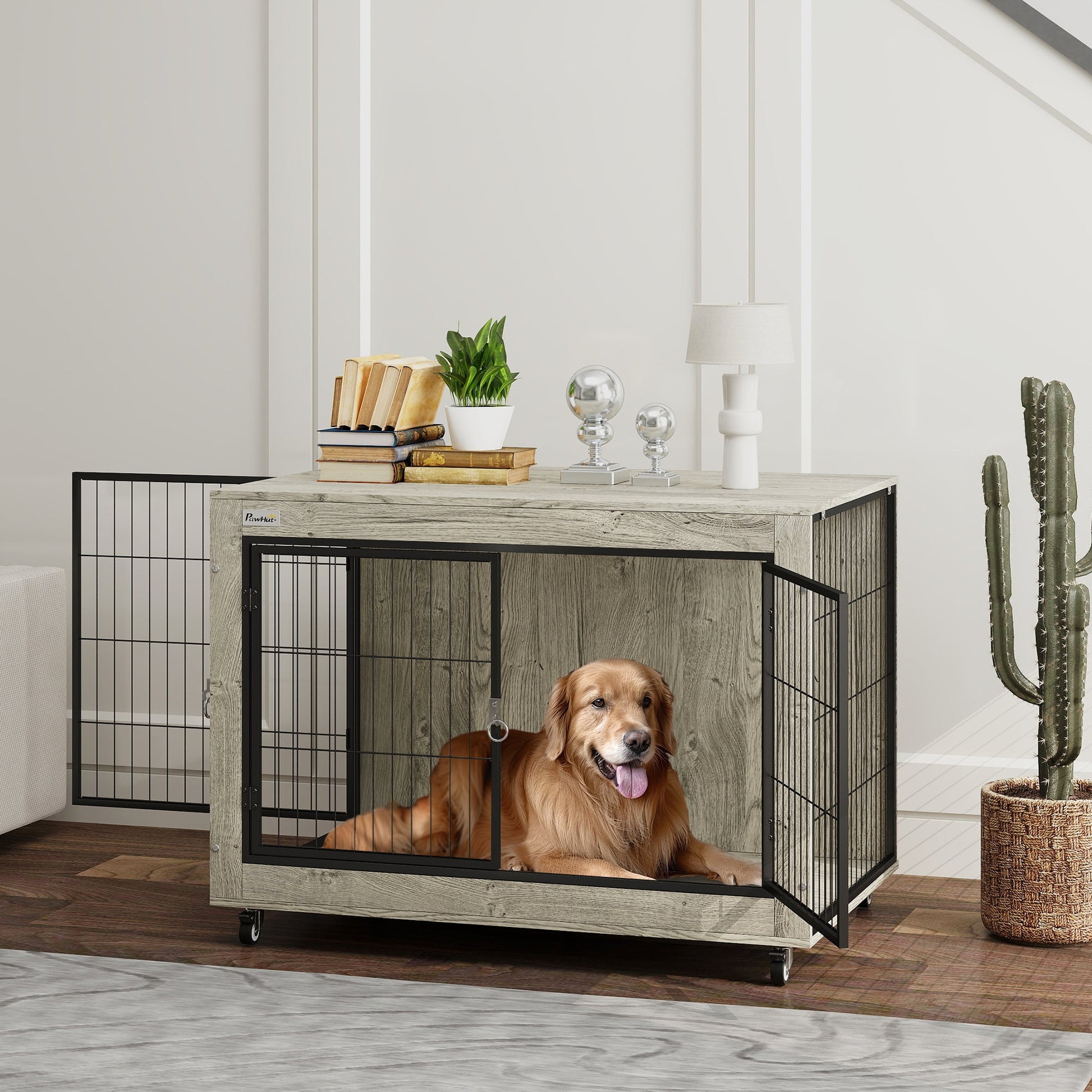 Dog Crate Furniture on Wheels, Dog Cage End Side Table with Lockable Double Doors, for Large Breeds, 100 x 60 x 73.5cm, Grey