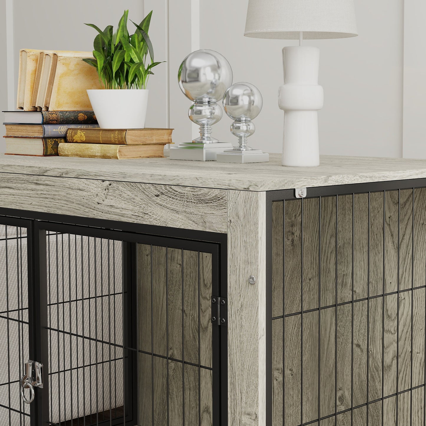 Dog Crate Furniture on Wheels, Dog Cage End Side Table with Lockable Double Doors, for Large Breeds, 100 x 60 x 73.5cm, Grey